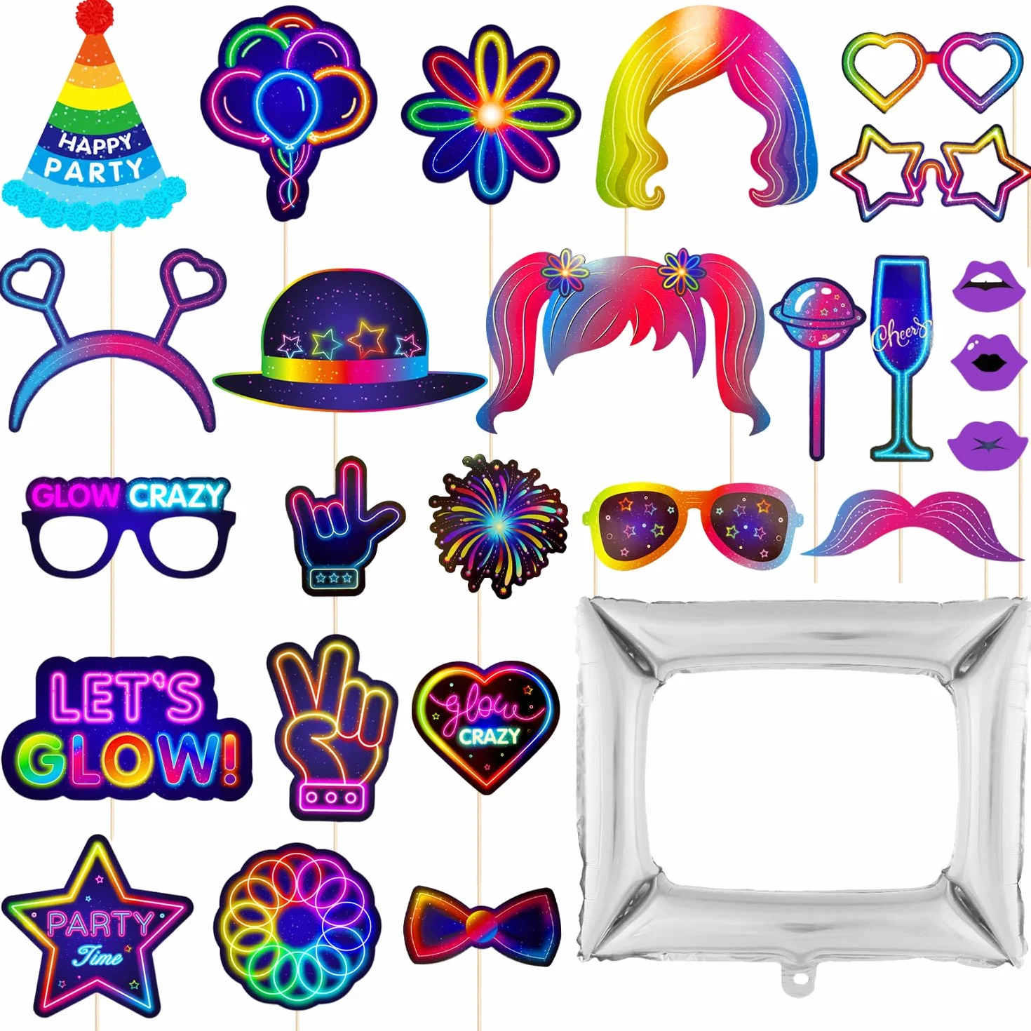 Oggetti Di Scena per Cabine Fotografiche 25 Pezzi, Palloncini Con Cornice per Foto 1pc, Motivi Al Neon, Divertenti Oggetti Di Scena per Selfie, Decorazioni per Feste, Accessori per Feste