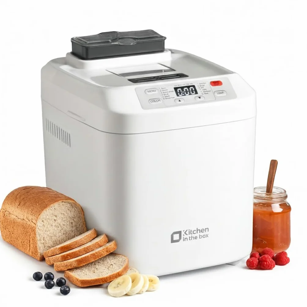 Macchina per il Pane, Kitchen in the Box Macchina del Pane con 12 Programmi, 900g, Senza Glutine, Dispenser Frutta Secca, Teglia Antiaderente, 3 Livelli di Cottura, Timer 13H e 1H Caldo (Bianco)