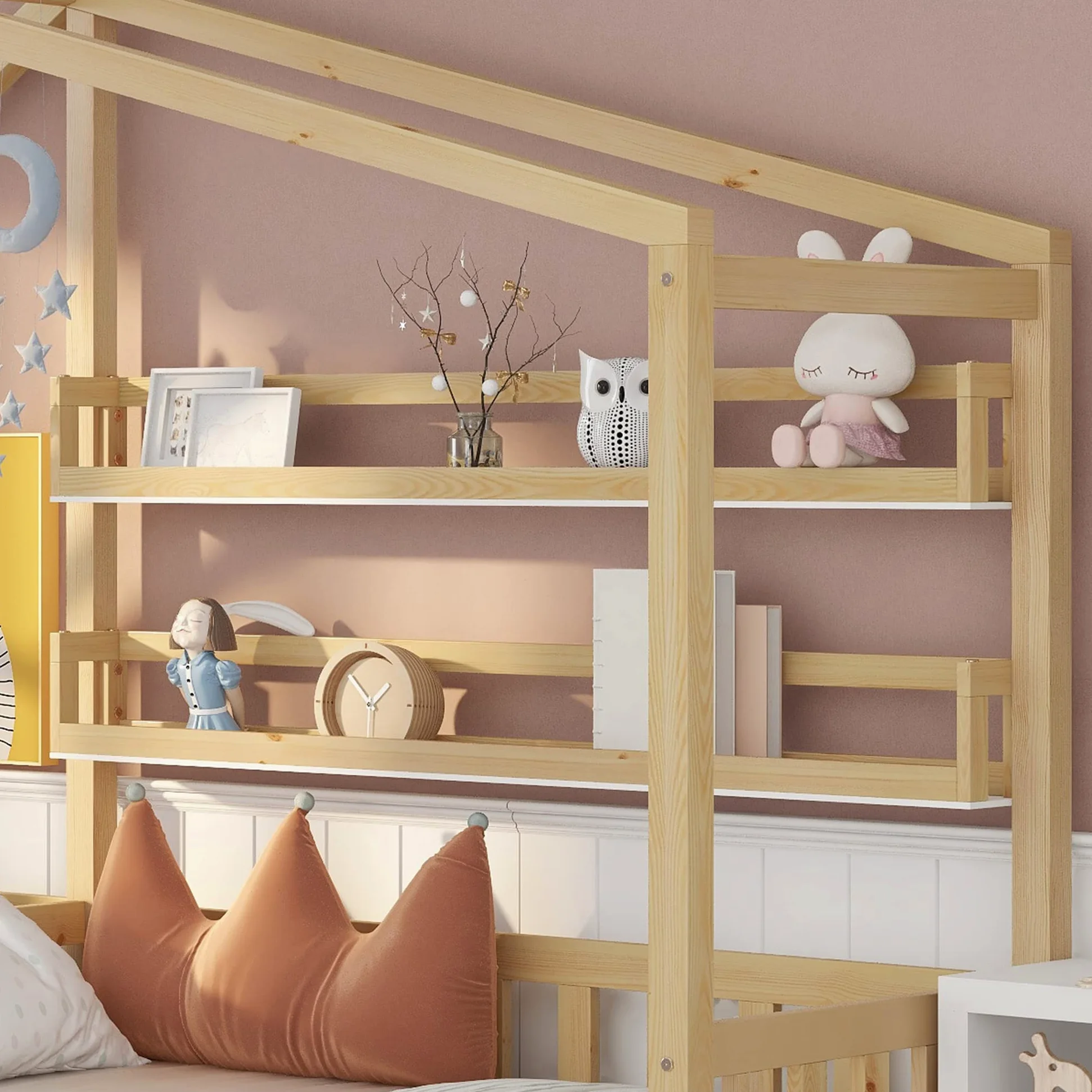 Letto a Forma di Casa per 2 Bambini 90x200 cm E 140x70 cm, Letto Matrimoniale con Cassetti e Ripiani, Legno Massello con Rete e doghe, Struttura a L, per Ragazzi e Ragazze, Naturale