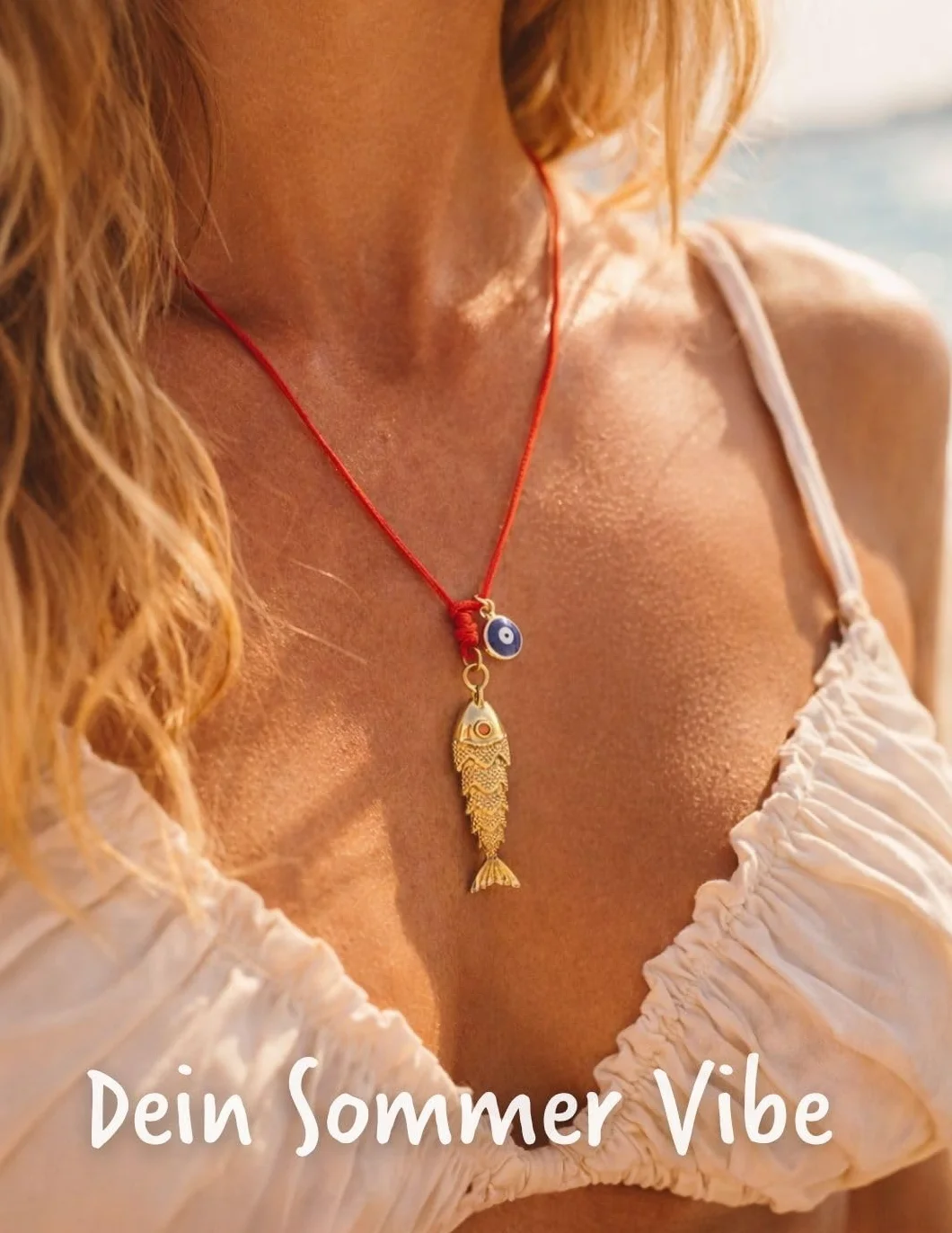 Collana estiva da donna nastro rosso con ciondolo pesce e occhio portafortuna fatta a mano Germania