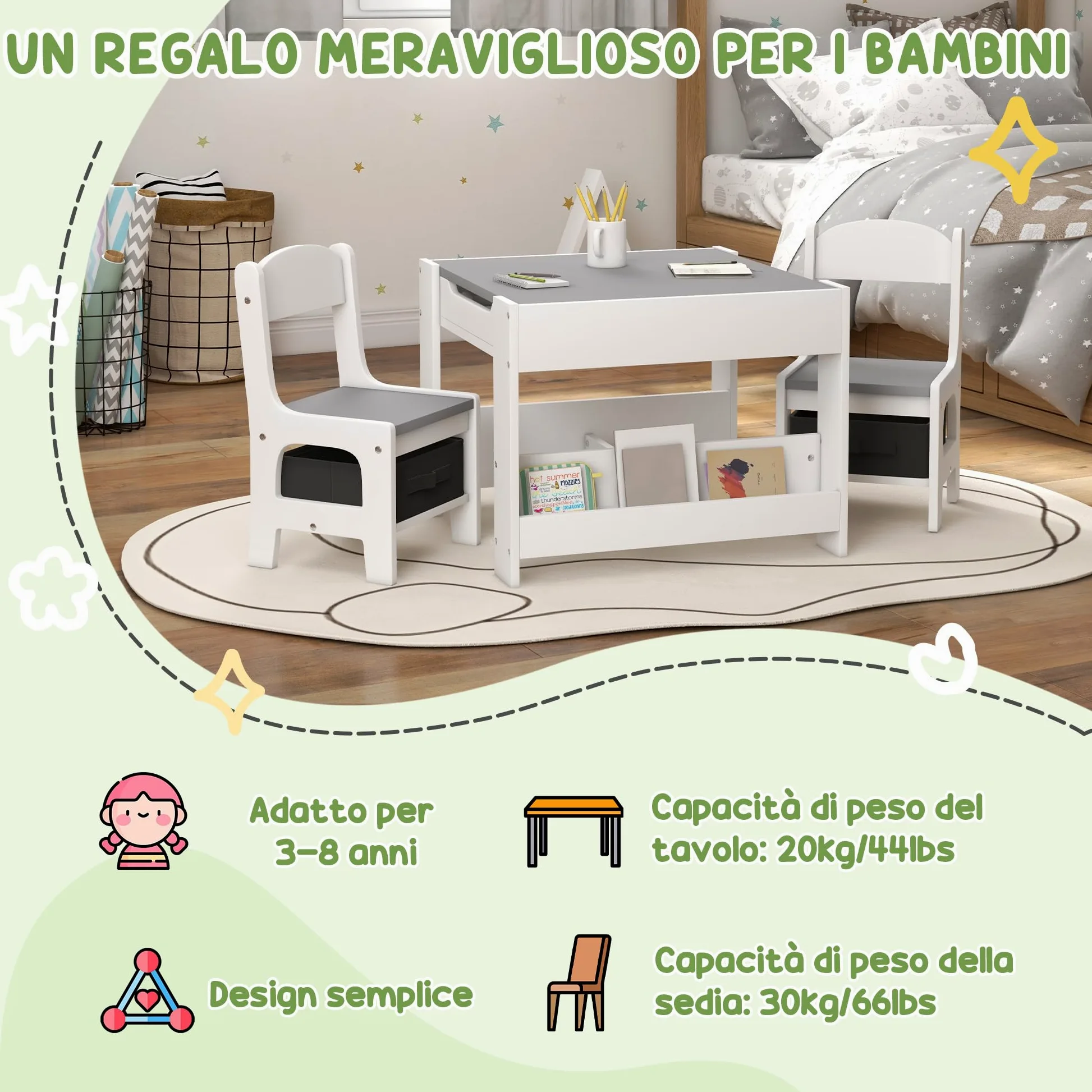 HOMCOM Set Tavolino per Bambini e 2 Sedie, Piano del Tavolo 3 in 1 con Lavagna, Contenitori e Vano Libreria, Grigio