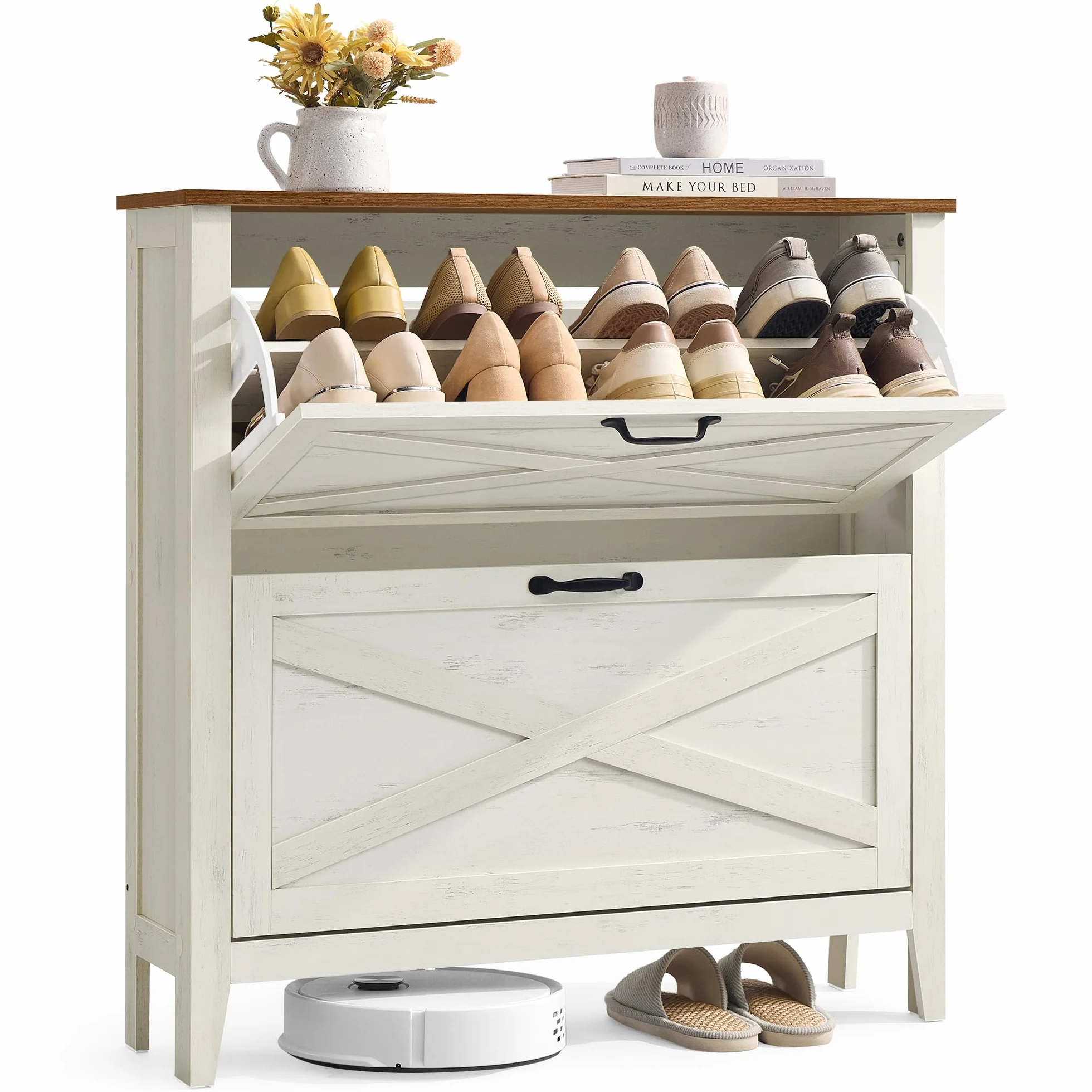 VASAGLE LIRY Collezione Scarpiera con 2 Scomparti a Ribalta Slim Bianco Vintage