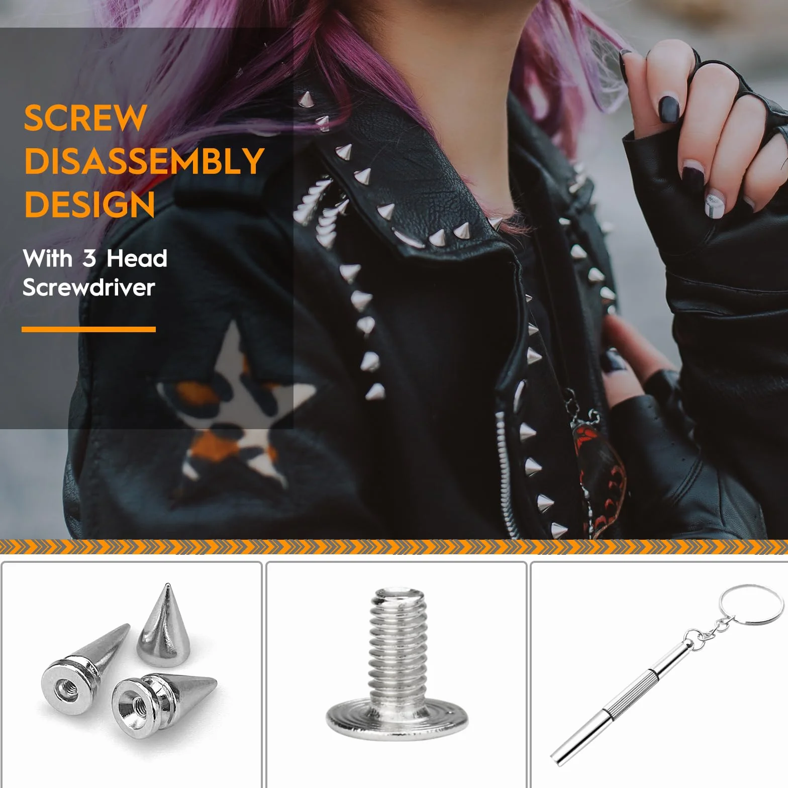 100 pz Spikes Studs 7mm Metallo Cone Spikes Rivet, Punk Rock Vite Back Studs per DIY Borse Abbigliamento, con cacciavite (argento, 3 dimensioni)