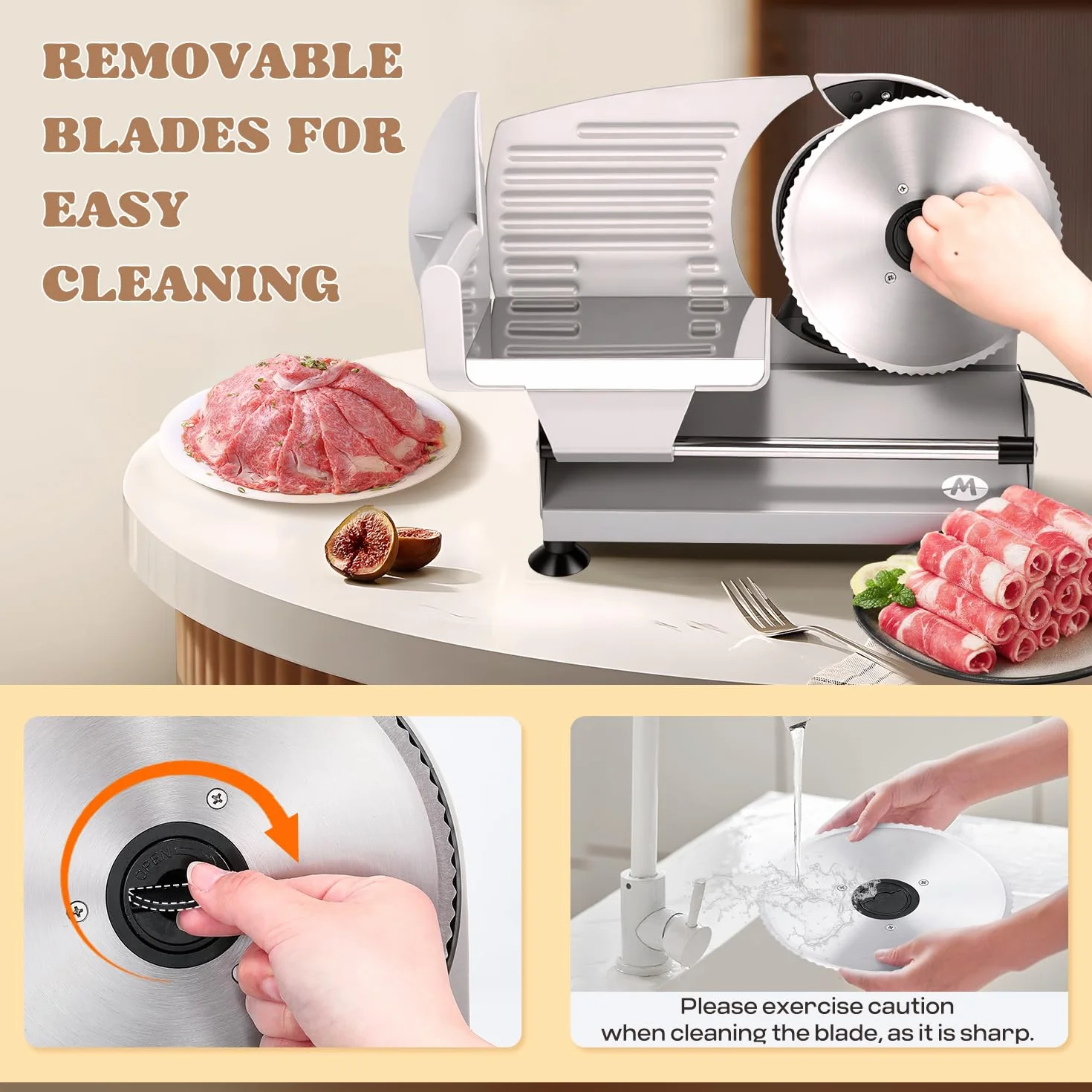 Moongiantgo Affettatrice Elettrica da Casa, Affettatrice Professionale con Blocco di Sicurezza, Spessore Regolabile 0-15mm, 2x Lama in Acciaio Inox da 19cm per Carne/Pane/Formaggio/Verdura (200W)
