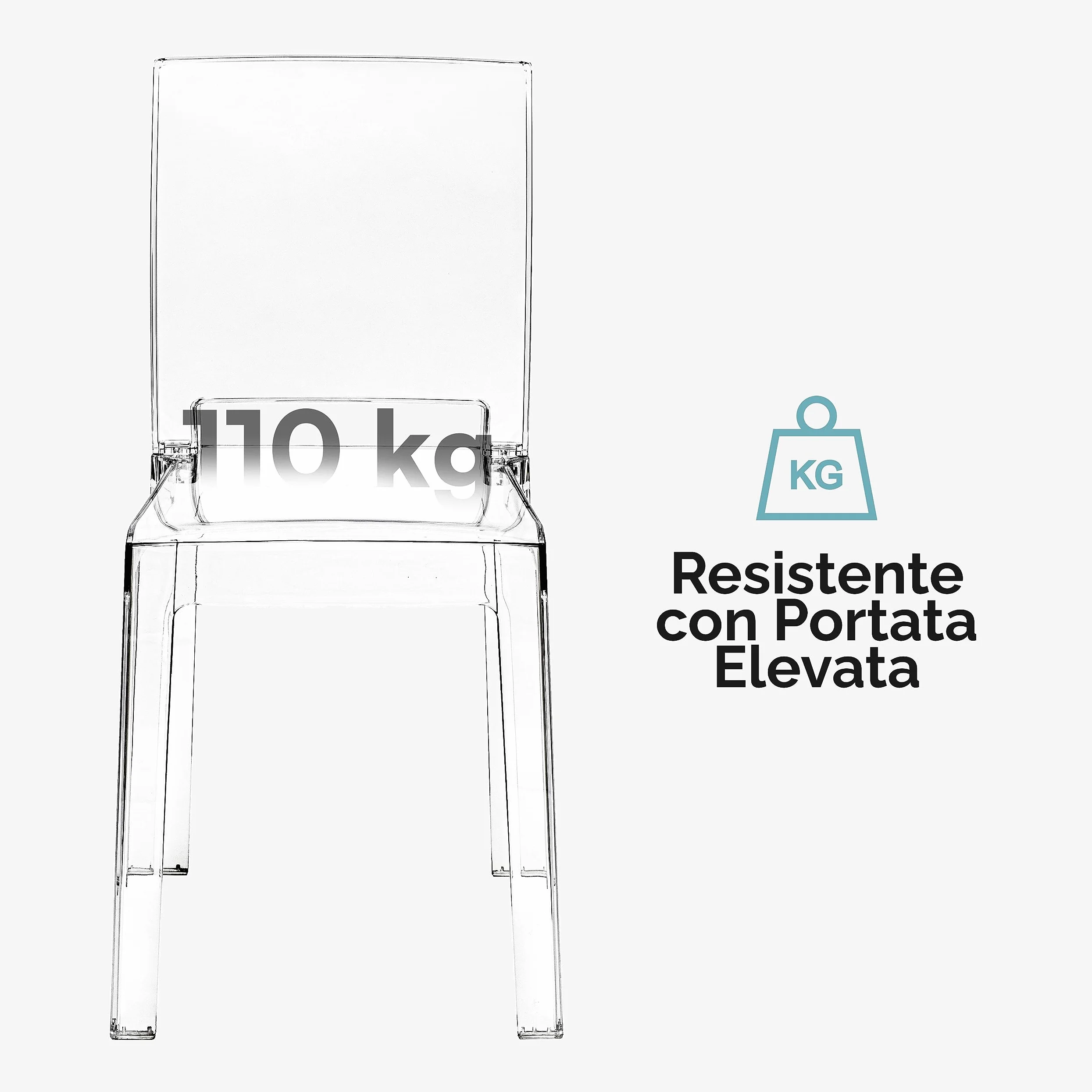 Baroni Home Set di 4 Sedie in Policarbonato Trasparente Resistente, Smontabile in 2 Pezzi, Seduta Ergonomica con Schienale Incurvato, 36x81x43 cm