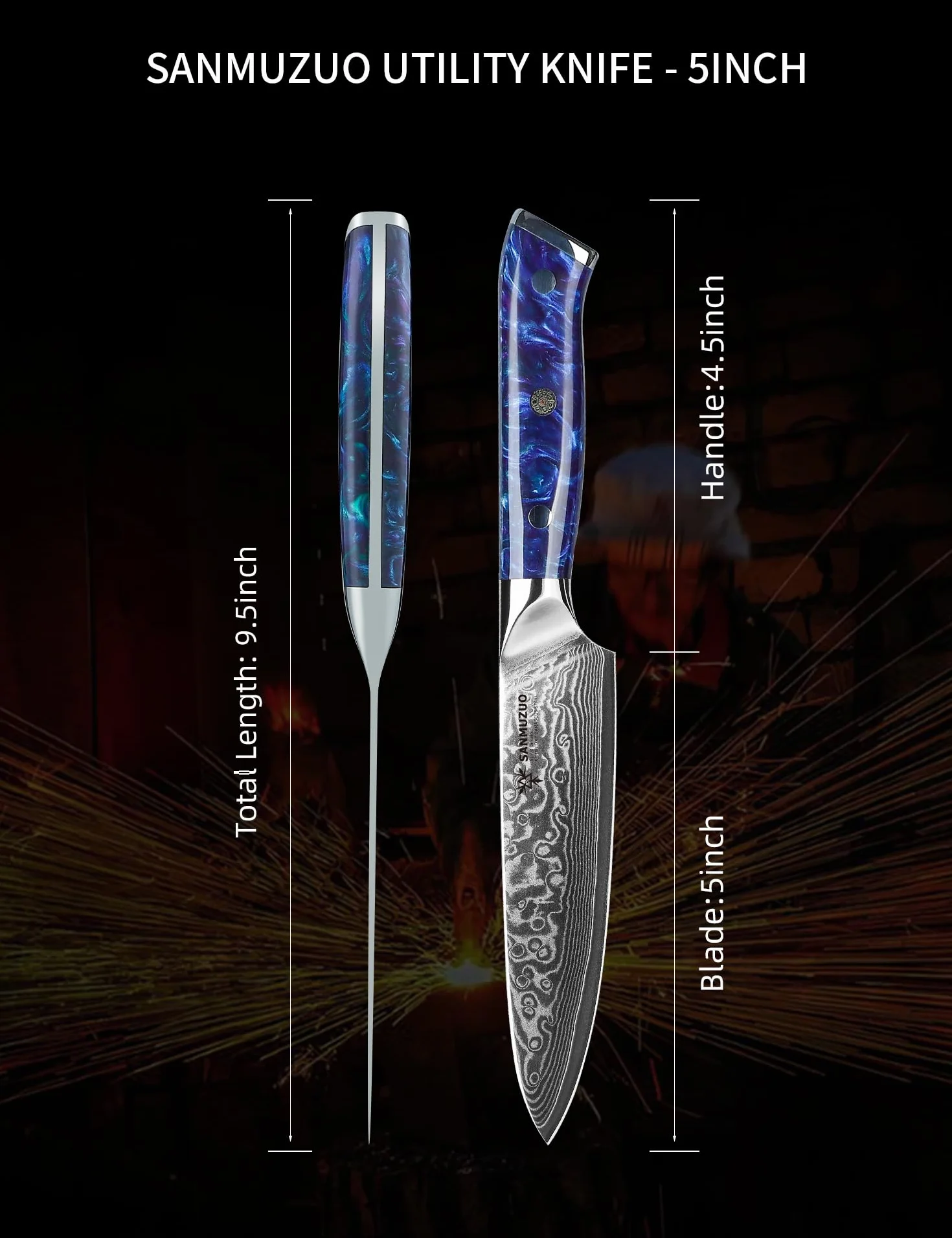 Xuan Series Coltello Universale Damasco 13 cm 67 Strati Acciaio Damasco Resina Blu Zaffiro
