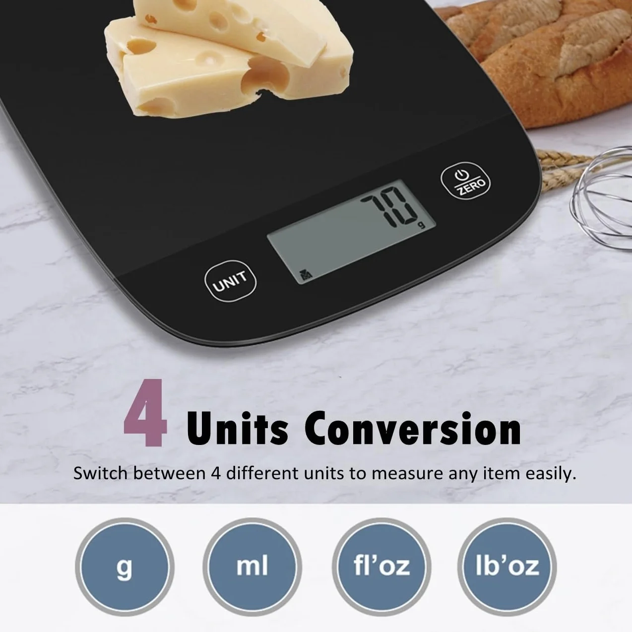 NUTRI FIT Bilancia digitale da cucina ultra sottile Bilancia elettronica multifunzione Bilancia da cucina grande display in plastica piattaforma 5kg/11lb-1g lb.oz fl.oz g ml (nero)