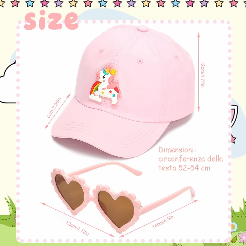 Cappello da Baseball con Occhiali da Sole per Bambini Regolabile Protezione Solare Unicorno