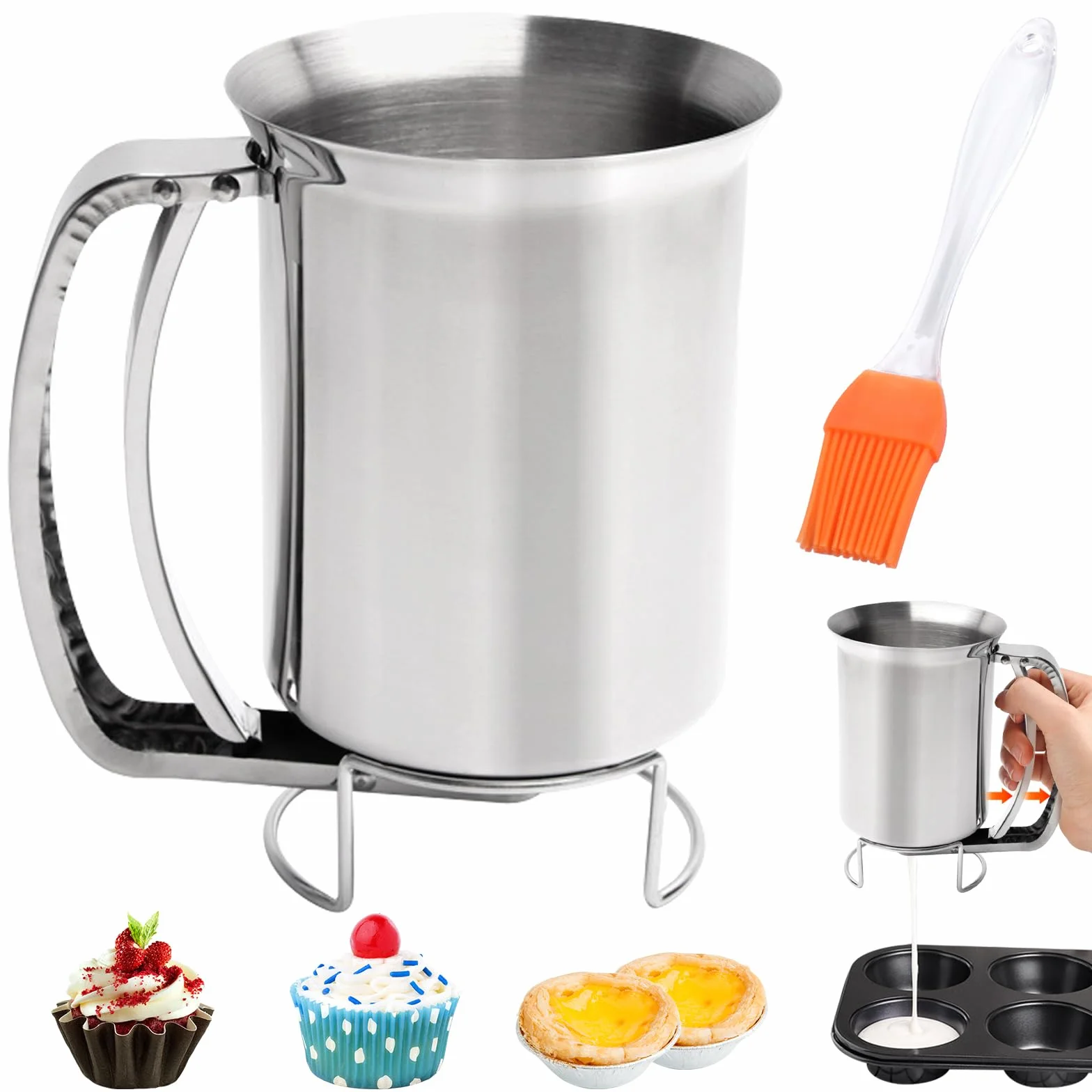 Raxfekro Distributore di pasta in acciaio inox, 900 ml, con manico per schiacciare, dosatore per pasta, per pancake, muffin, biscotti e cialde, NX-mianhufenpeiqi01