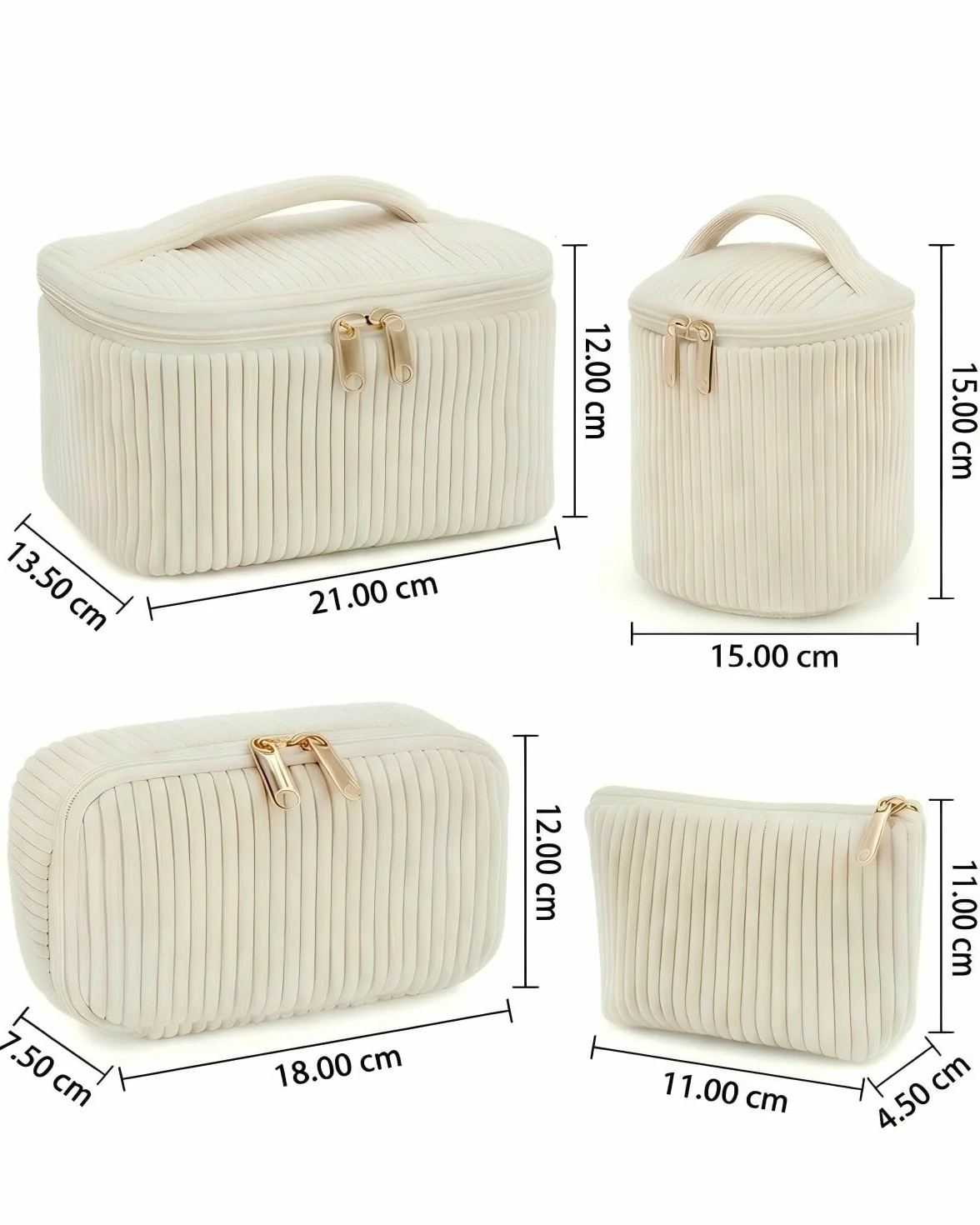 Set da 4 Beauty Case Donna in Velluto a Coste, Pochette Trucco con Manico, Beige