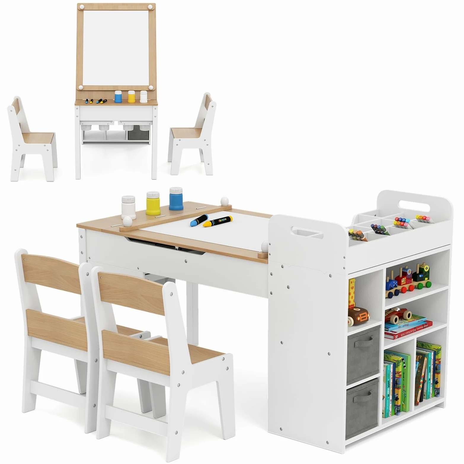 LIFEZEAL Tavolino Bambini, in Legno, con Sedia, Lavagna, Cavalletto, Scaffale per Giocattoli, Libreria, Porta Rotolo di Carta, Tavolo Bambini da Cameretta, Set per Bimbi 3+Anni, Naturale