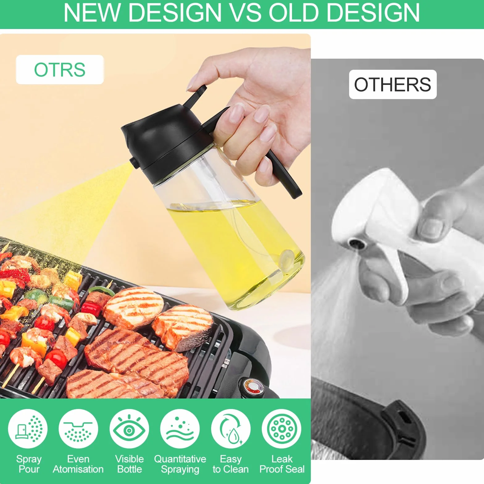 Spruzzino Olio Per Friggitrice Aria, 2 in 1 Spruzzatore Olio 470ml, Dosatore Olio Cucina, Nebulizzatore Olio Cucina