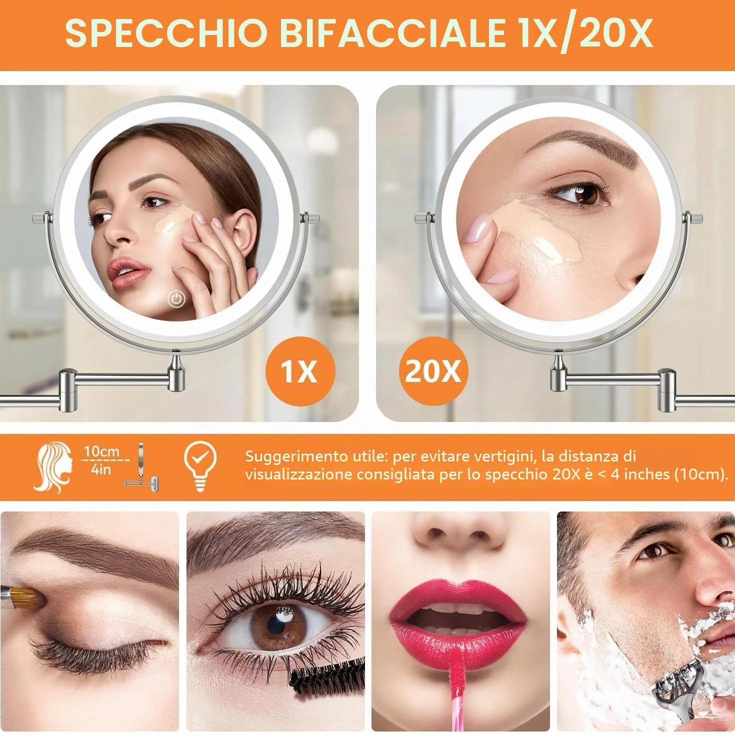 Auxmir Specchio Trucco con Ingrandimento 30X/1X, Specchio da Parete a 54 LED 3 Colori di Luce, Specchio Estensibile, Rotazione a 360°, Alimentato da Batterie Ricaricabile 3200mAh, per Bagno Hotel Spa
