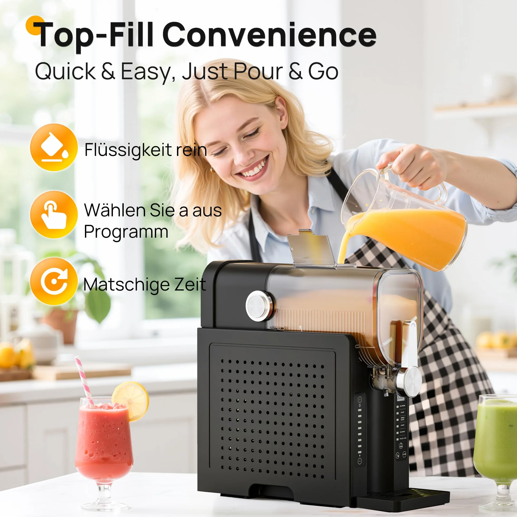 INITIO Slush Machine 2L Slushie Machine per casa con display LED, autopulente, nero, AD03, 6 programmi