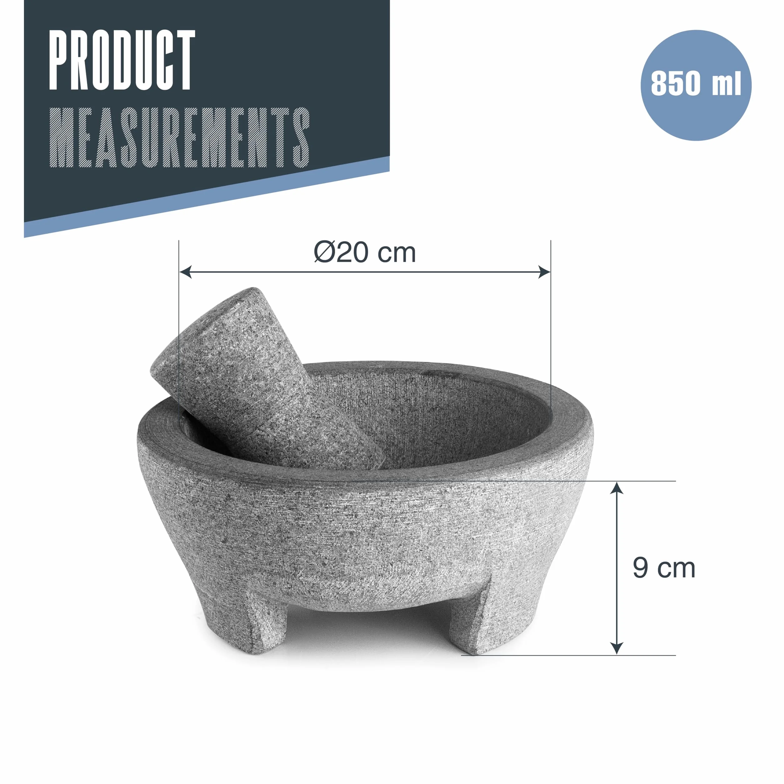 Lacor - 60515 - Mortaio Molcajete in Granito Naturale, Ø 20 cm, 850 ml, Mortaio da Cucina con Pestello in Granito, Ideale per Guacamole, Salse e Spezie, Resistente e Durevole, Grigio Scuro
