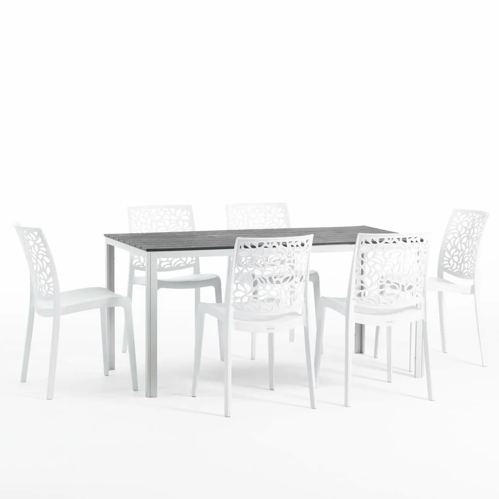Set pranzo da giardino o esterno per 6 persone, tavolo in acciaio verniciato con doghe in polietilene effetto legno Bianco/Ardesia, 6 sedie in polipropilene con fibra di vetro Bianche - Thomas e Anna