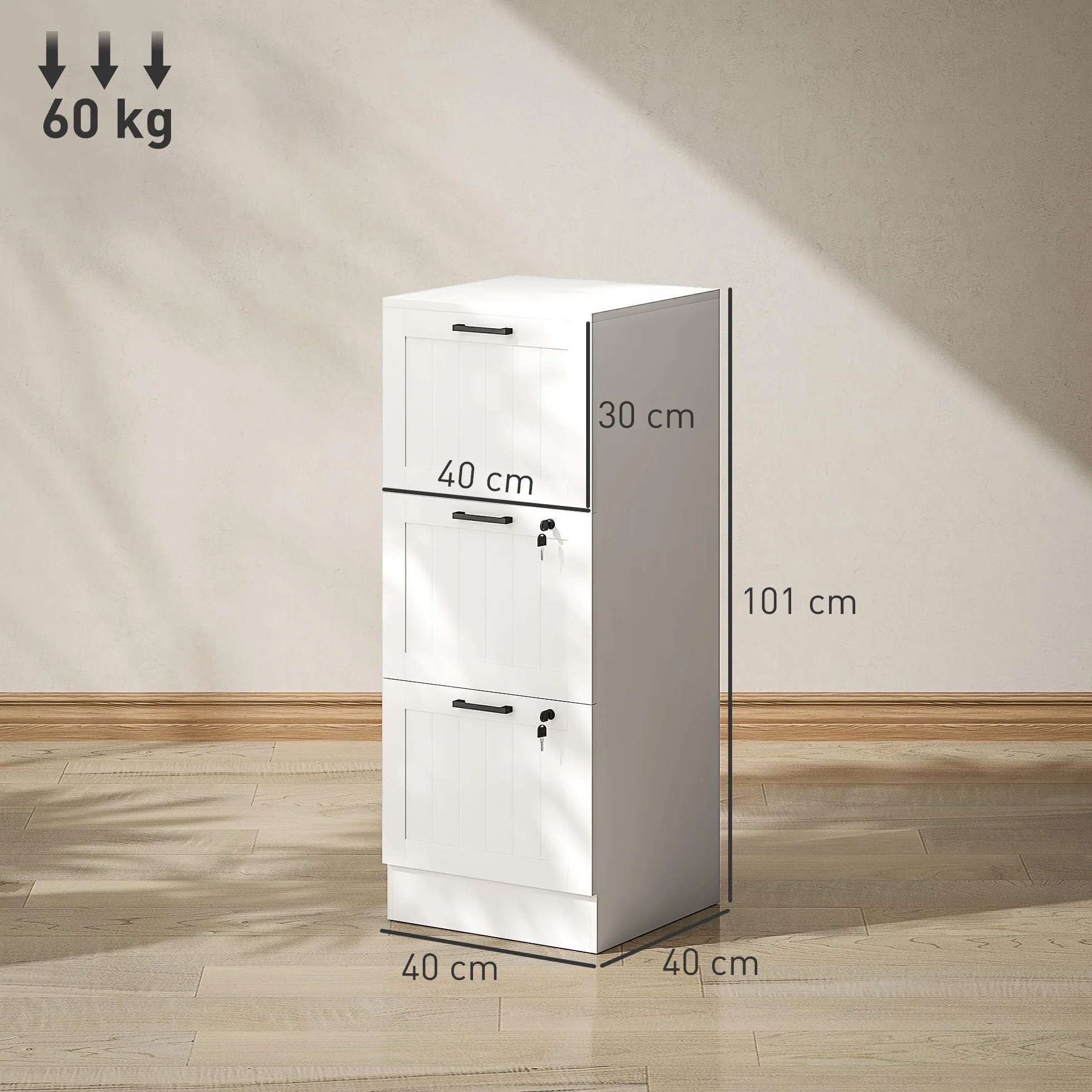 HOMCOM Cassettiera da scrivania con 3 cassetti e serrature, mobile per ufficio con barre di sospensione regolabili per documenti, cassettiera compatta per ufficio o camera da letto, 40x40x101 cm