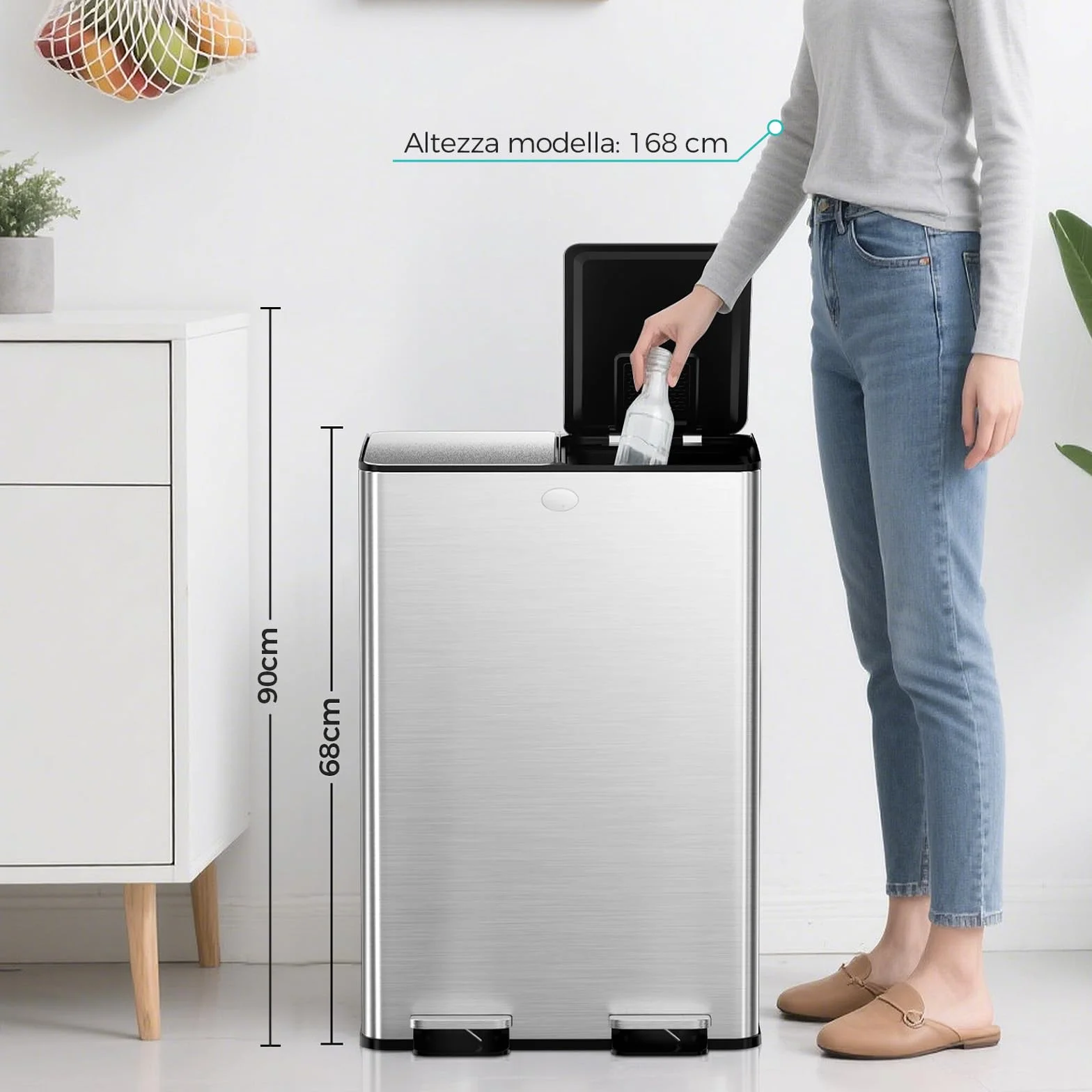 YASHE Pattumiera a Doppio Scomparto con Coperchio, 2x30L Pattumiera Differenziata per Cucina, Pedale con 20 Sacchetti, Secchi Interni Rimovibili, Soft-Close e 2 Filtri al Carbone