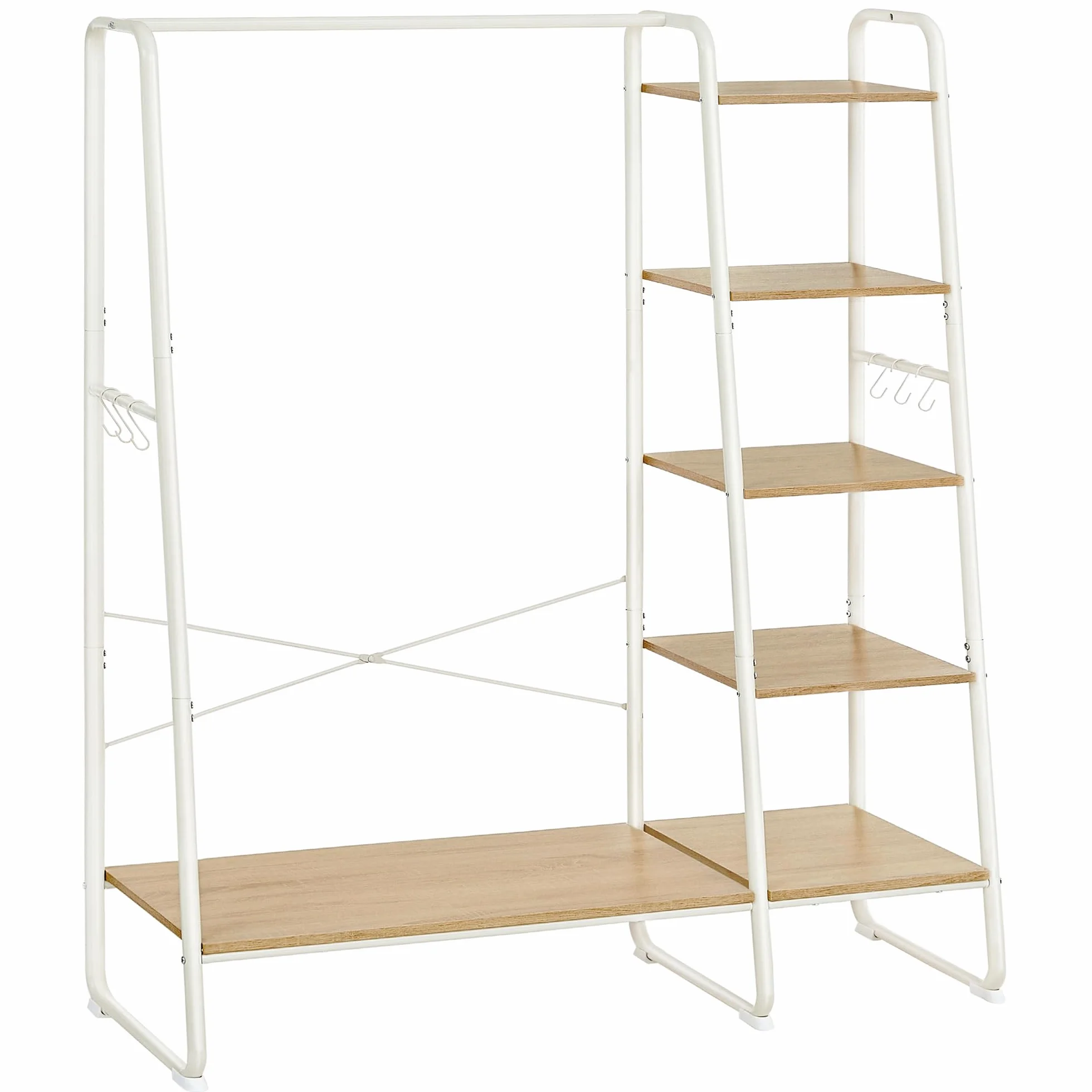 VASAGLE Appendiabiti da Terra con Scarpiera, 5 Ripiani, 6 Ganci Laterali, Rovere e Bianco Opaco RGR116W09