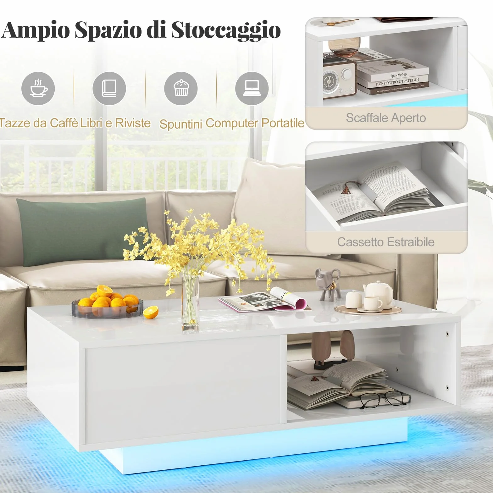 RELAX4LIFE Tavolino da Caffè Moderno 95x55x31cm, con 20 Luci LED Regolabili e Telecomando, in Legno con Finitura Lucida, Cassetto a Pressione e Ripiano Aperto, per Soggiorno, Max 65kg (Bianco)