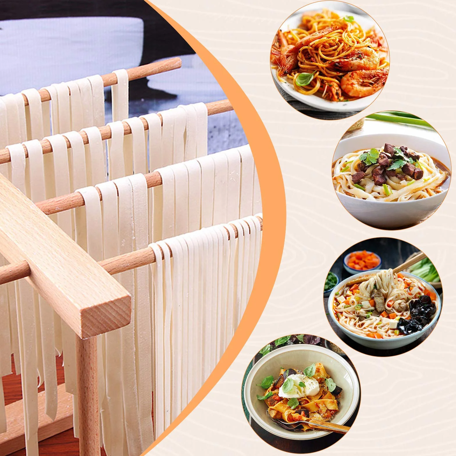 DIYARTS Stendino per Pasta 8 File Pieghevole in Legno di Faggio Essiccatori Fatti A Mano per Spaghetti Freschi Rack da Cucina Multifunzionale per Tazze da Asciugamani Cucina