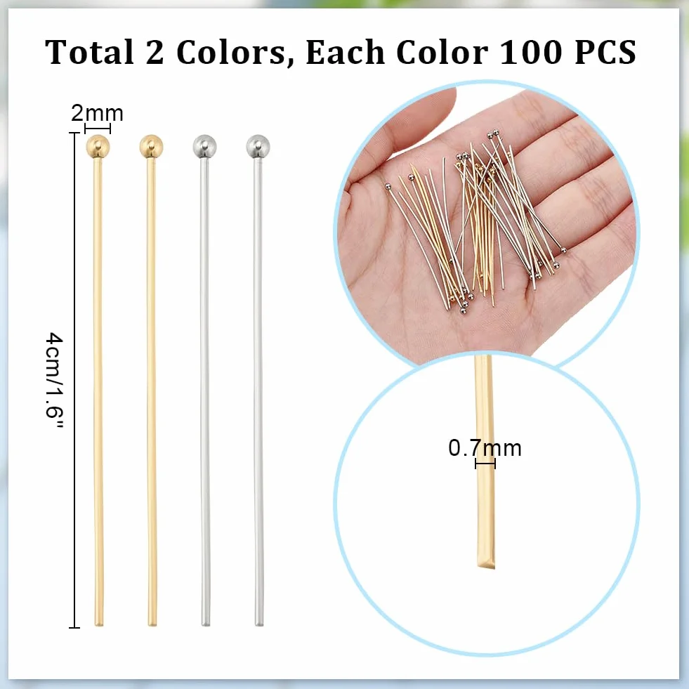 PH PandaHall 200pz Perni con Testa Tonda 40mm Chiodini Testa con Pallina in 304 Acciaio Inox, Spilli Dritti per La Creazione di Gioielli Orecchini Ciondoli Bracciali Collane Fai Da Te, Oro/Argento
