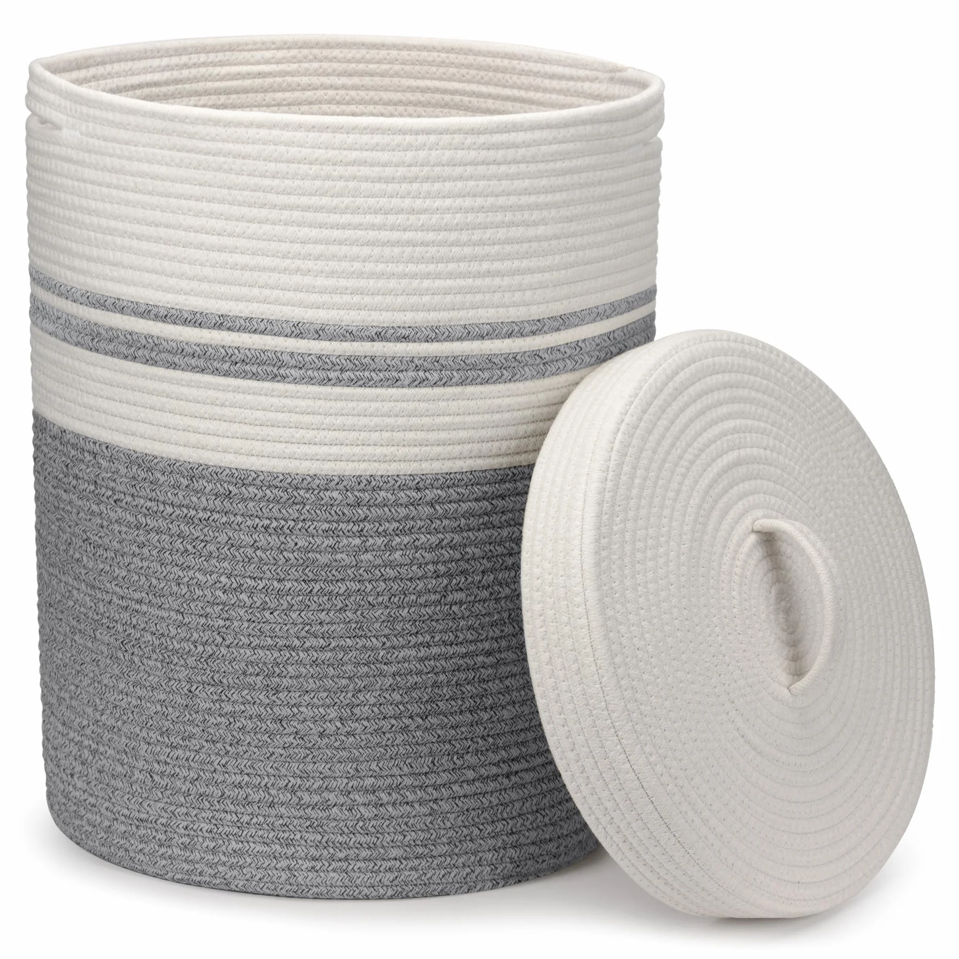 Cesto Portabiancheria con Coperchio Cesta in Corda di Cotone, Ideale per Bucato e Giochi Bambini, Cestone Portabiancheria e Cestino Biancheria Ceste Portaoggetti Bianco XXL(Grigio,37x52cm)