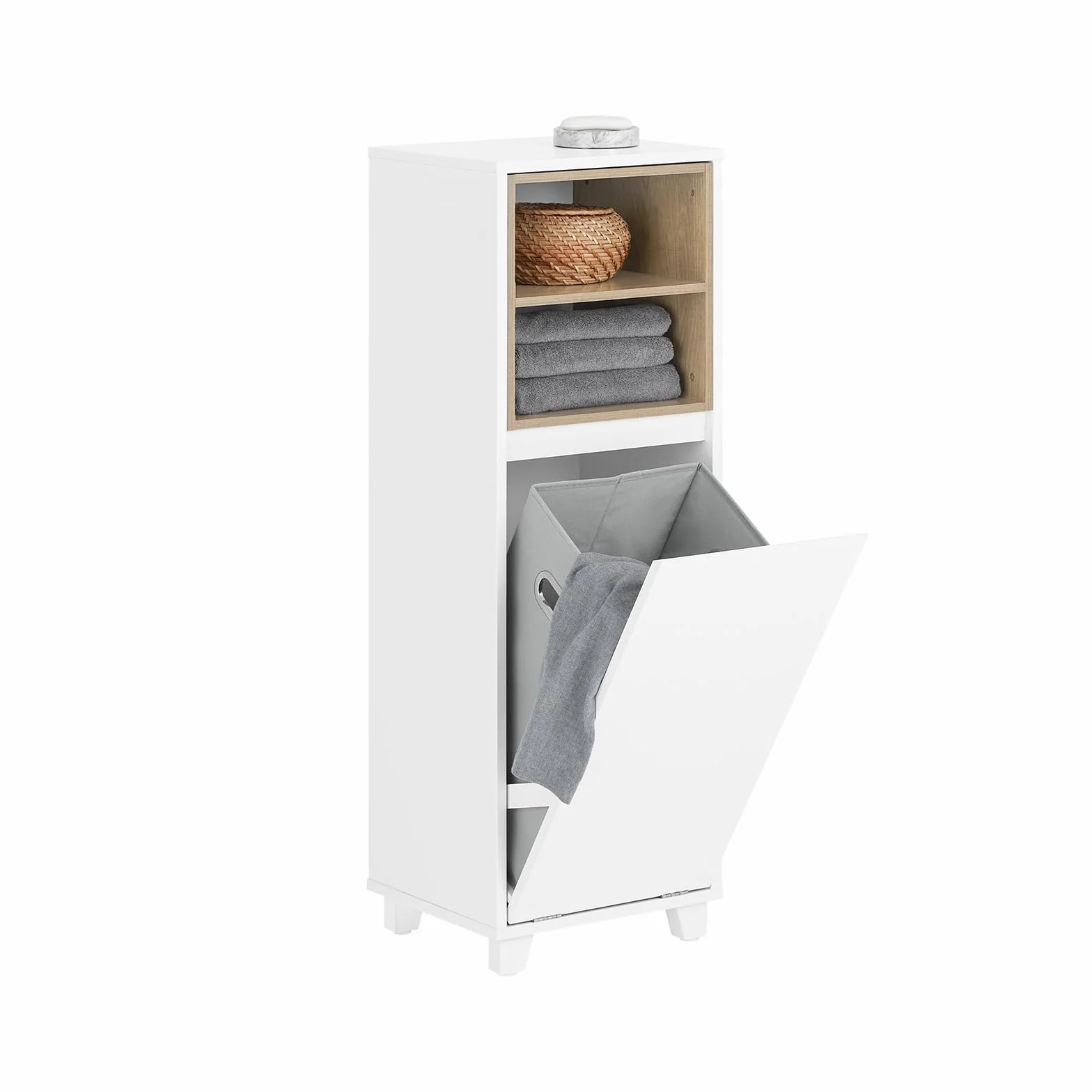 SoBuy Mobile Bagno Salvaspazio con Cesto Portabiancheria – Mobiletto Cassettiera Bagno, Mobile Lavanderia Bianco, 35 x 30 x 105 cm, BZR146-W