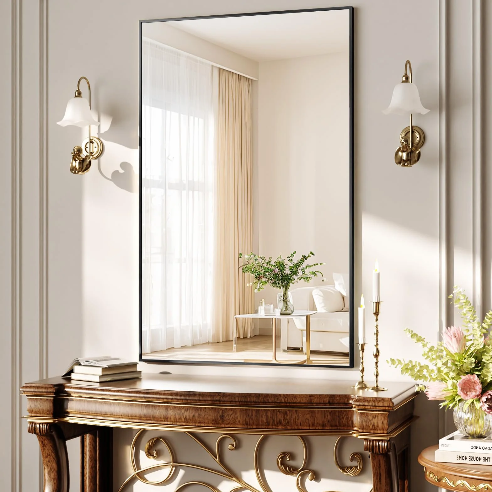 BEAUTYPEAK Specchio da parete rettangolare 120 x 75 cm, telaio in alluminio dorato, infrangibile per bagno, camera da letto, soggiorno