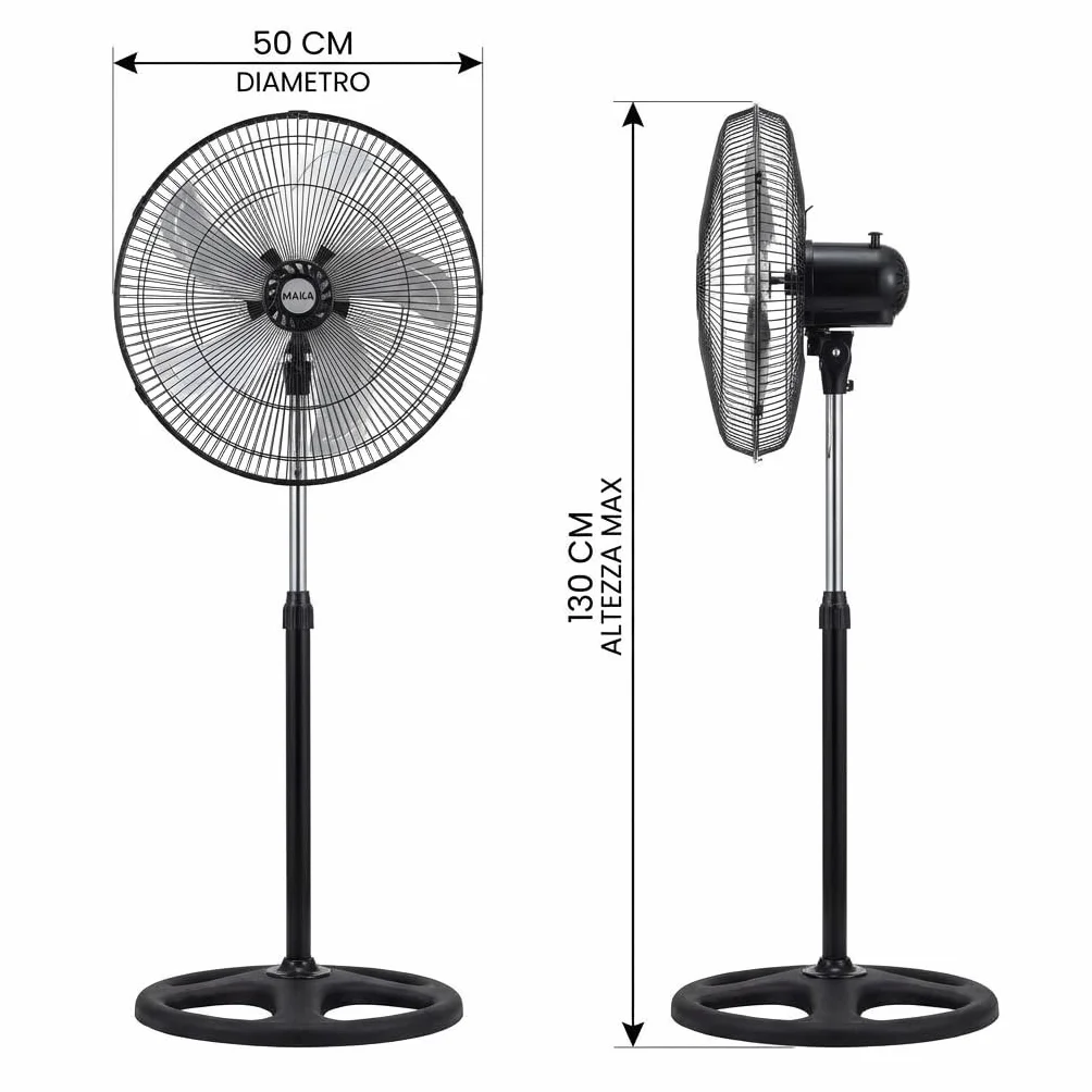MAKA Ventilatore a Piantana Potente, Ventilatore Metallo 5 Pale, 75W, Basso Consumo, Oscillazione Orizzontale, Ventilatore da Terra Industriale Diametro 50cm, Regolabile Altezza Max 130 cm 3 Velocità