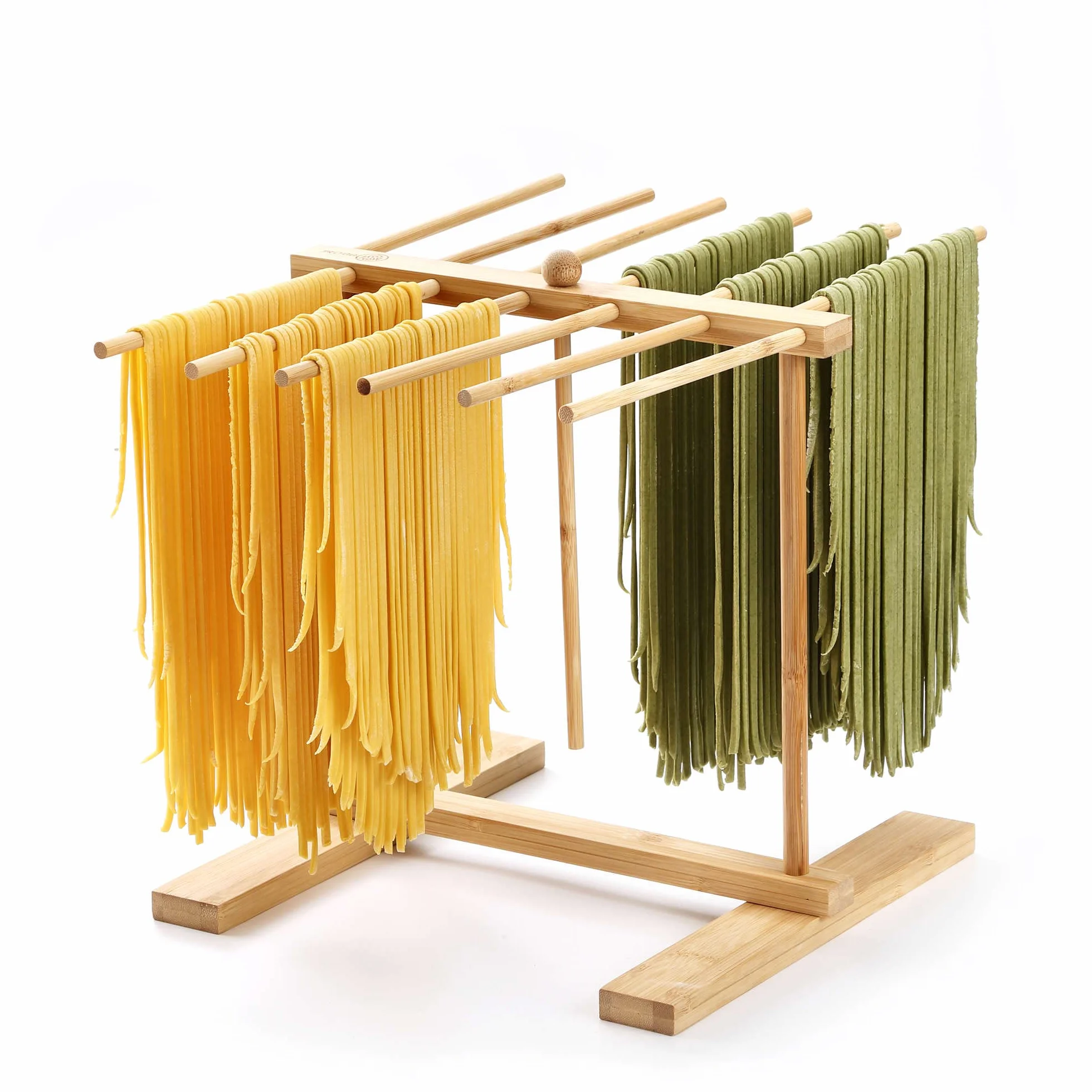 Scolapasta in bambù con bacchetta di trasferimento e 12 barre, facile da trasferire per asciugare la pasta e cucinare, design speciale a sospensione per riporre grandi quantità