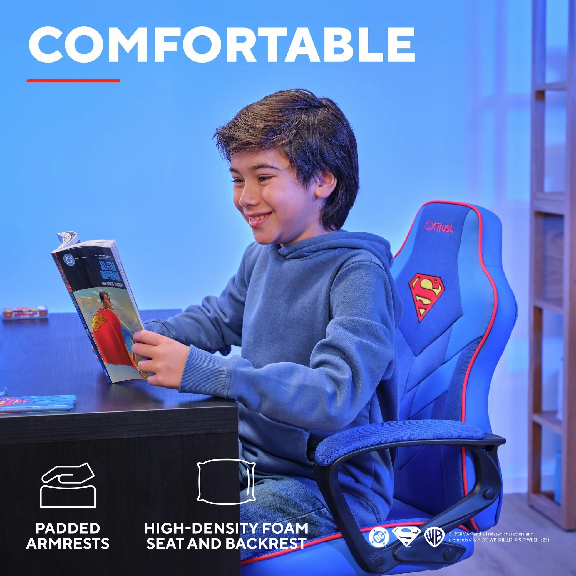 GXTrust 703SM Revvo Sedia Gaming con Licenza Superman per Bambini 4-12 Anni, Sedia da Gaming in Tessuto Regolabile in Altezza, Bracciolo Imbottito, Console di Gioco Supereroe Videogiochi, Blu
