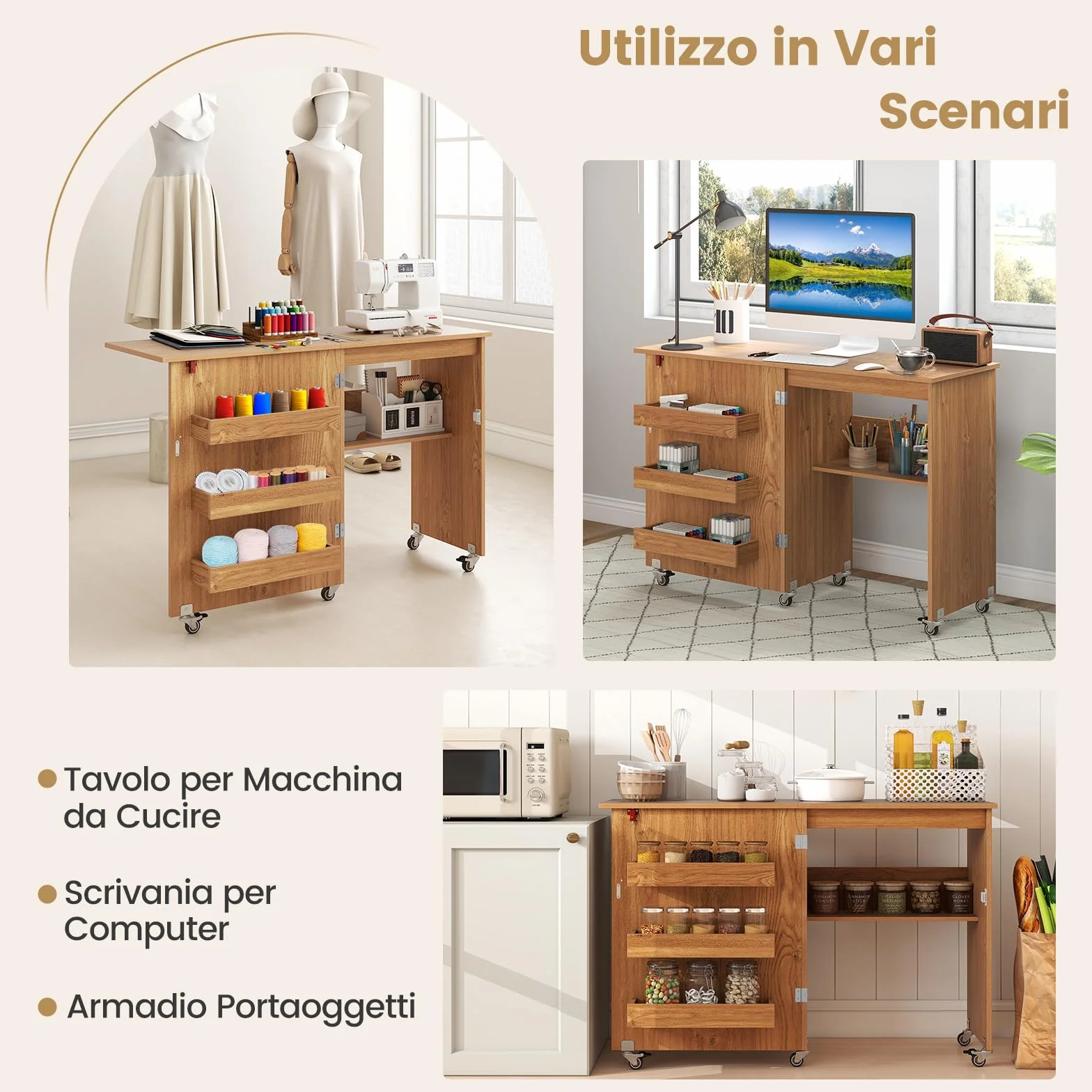 COSTWAY Tavolo da Cucito Pieghevole, Mobile per Macchina da Cucire con Ripiano Portaoggetti, 3 Scomparti Nascosti e Ruote Bloccabili, Mobile Multiuso per Piccoli Spazi (Legno, 118,5 x 40 x 79,5 cm)