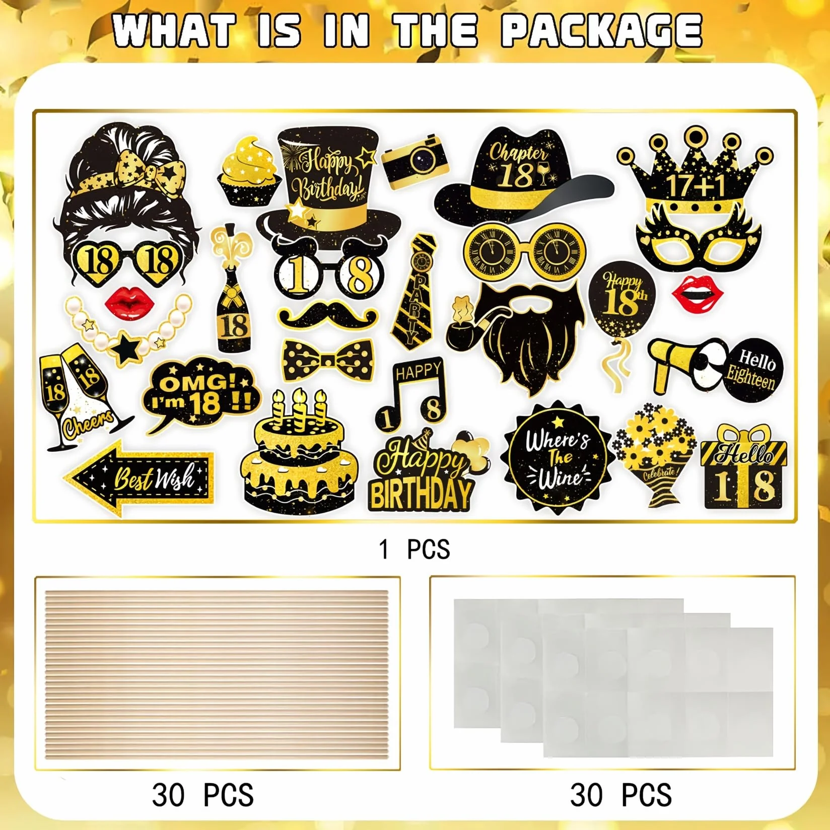 Photo Booth Compleanno 18 anni, 30 Pezzi Foto Props per Feste e Compleanni con Nero Oro, Spiritosi Fai da Te Gadget 18 anni Ragazza Ragazzo per Invitati (18th)