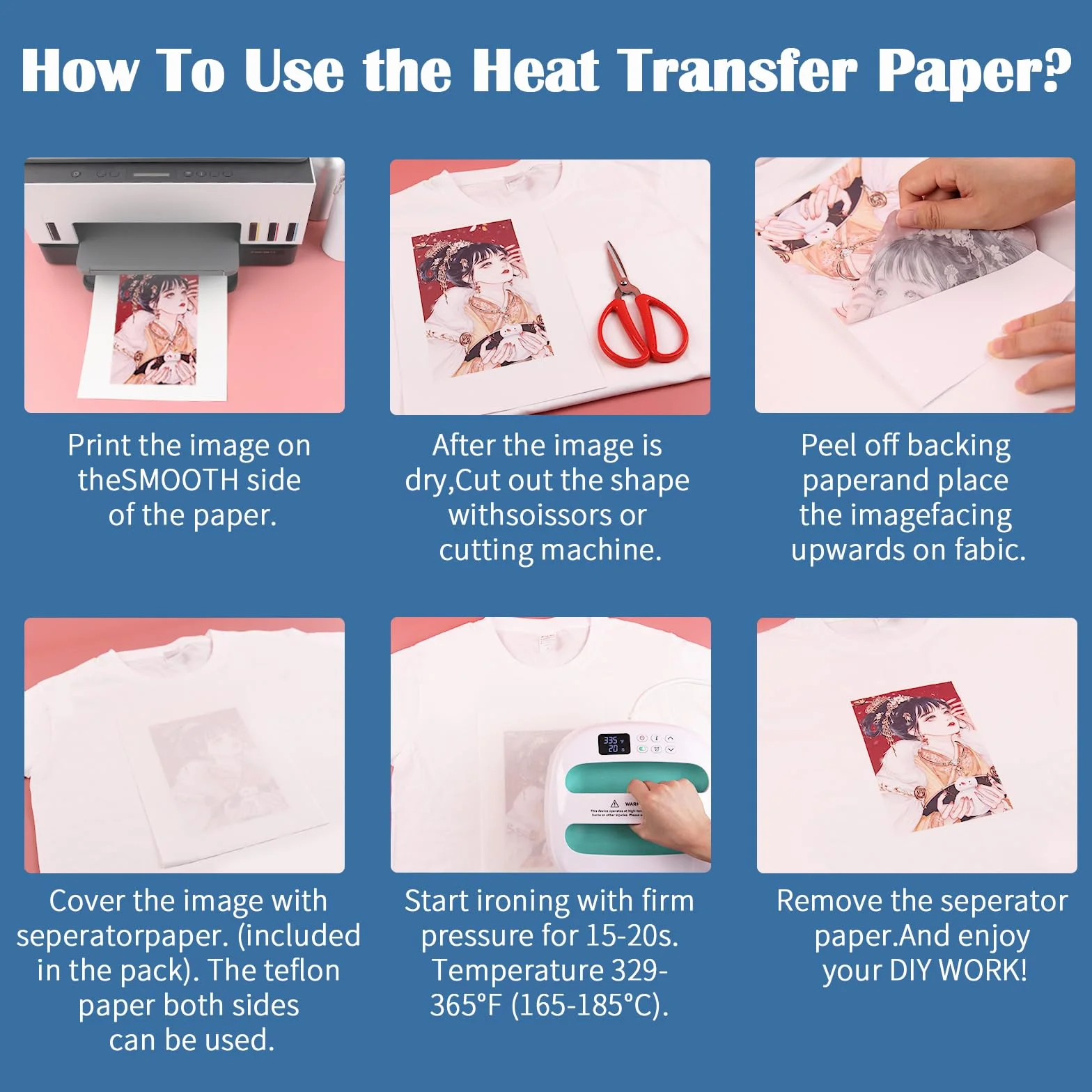 Carta Transfer Per Tessuti, Carta Trasferelli 15xA4 Carta Termoadesiva per Tessuti di Bianco e Colori Chiari, Carta Trasferibile Tessuto per Dipinti a Mano, Stampanti a Getto d'inchiostro e Laser
