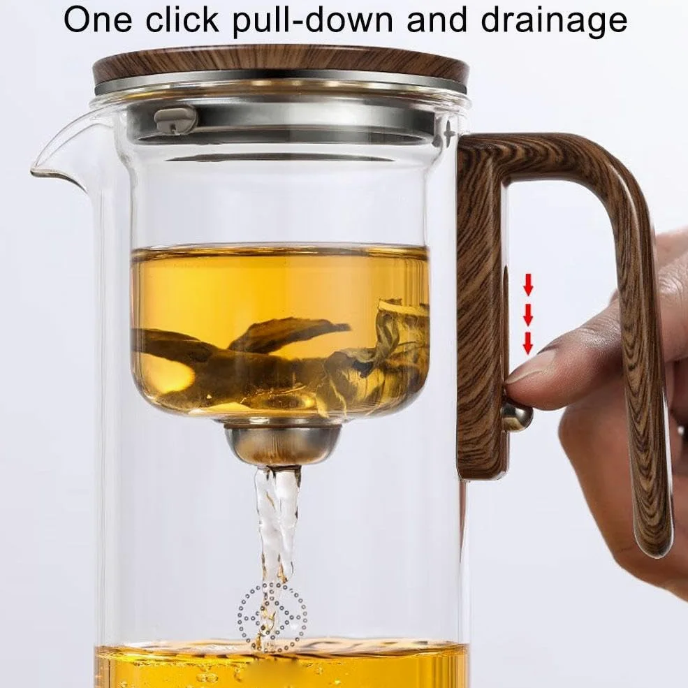 Teiera stregoneria, teiera incantata con controllo a pressione, teiera magica con infusore, teiera in vetro con colino, teiera magica 2 in 1 per tè sfuso, teiera magica in vetro con manico in legno