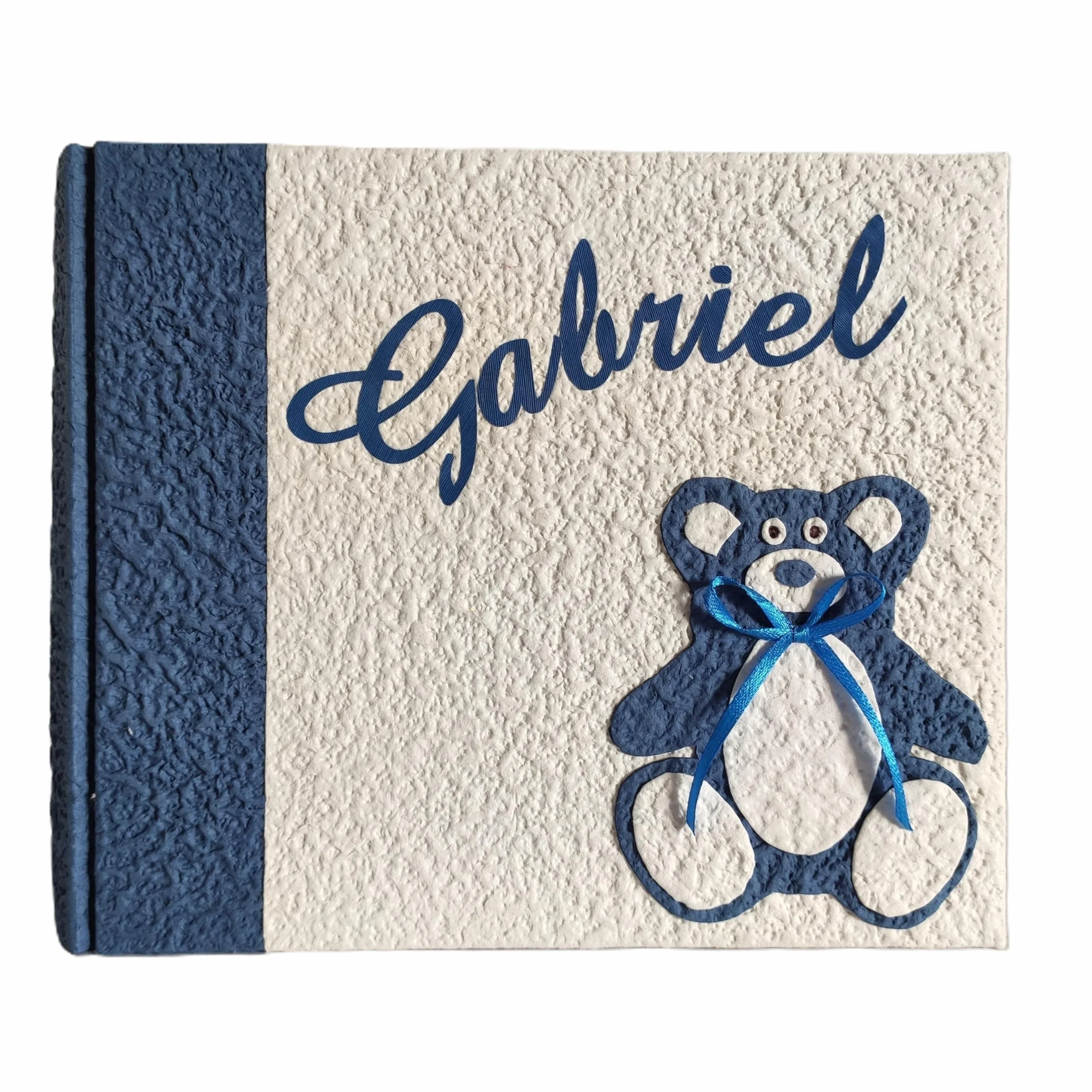 Album fotografico artigianale orsacchiotto nascita con nome intagliato in tela personalizzabile regalo battesimo compleanno bambino made in Italy