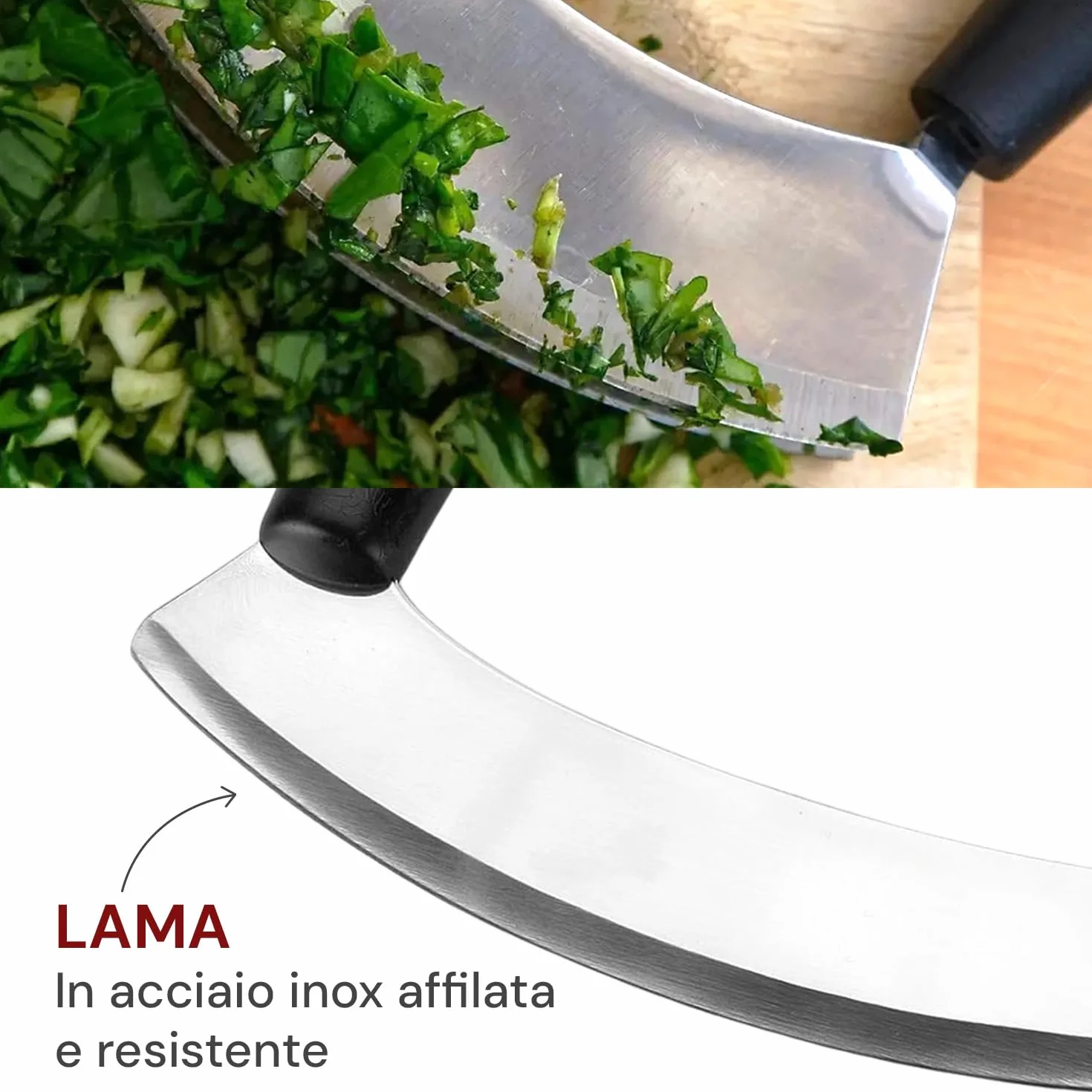 Wintem Mezza luna Acciaio Inox con Manici Ergonomici 25 cm - Lama Curva Consente di Ottenere Trito Omogeneo e Movimento Fluido - Facile da Pulire in Lavastoviglie e non - Presa Sicura e Confortevole