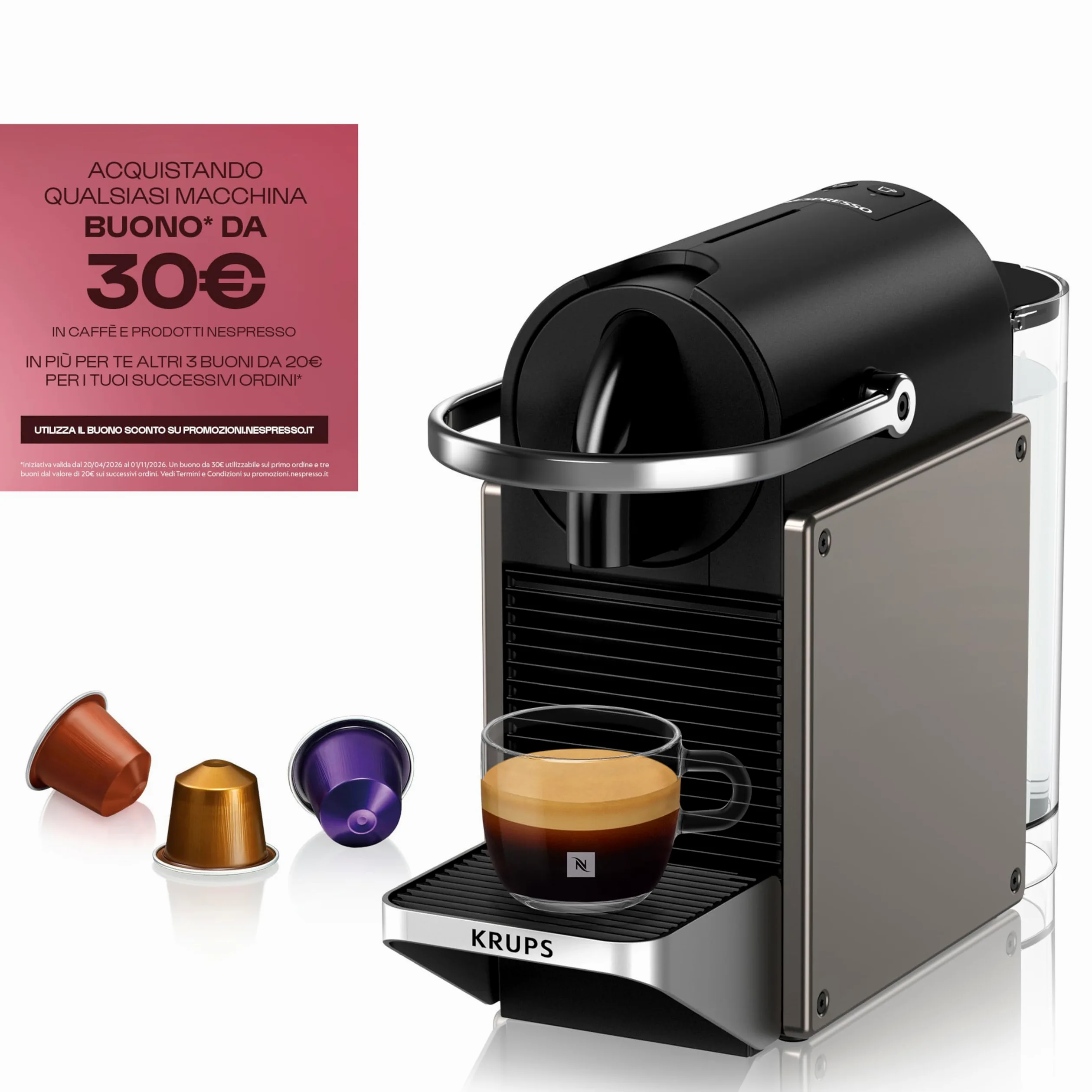 Krups XN306TK Nespresso Pixie Titan, Macchina per caffè Espresso, Ricette Programmabili, 2 Lunghezze, Spegnimento Automatico, 1260 W, 0.7 Litri
