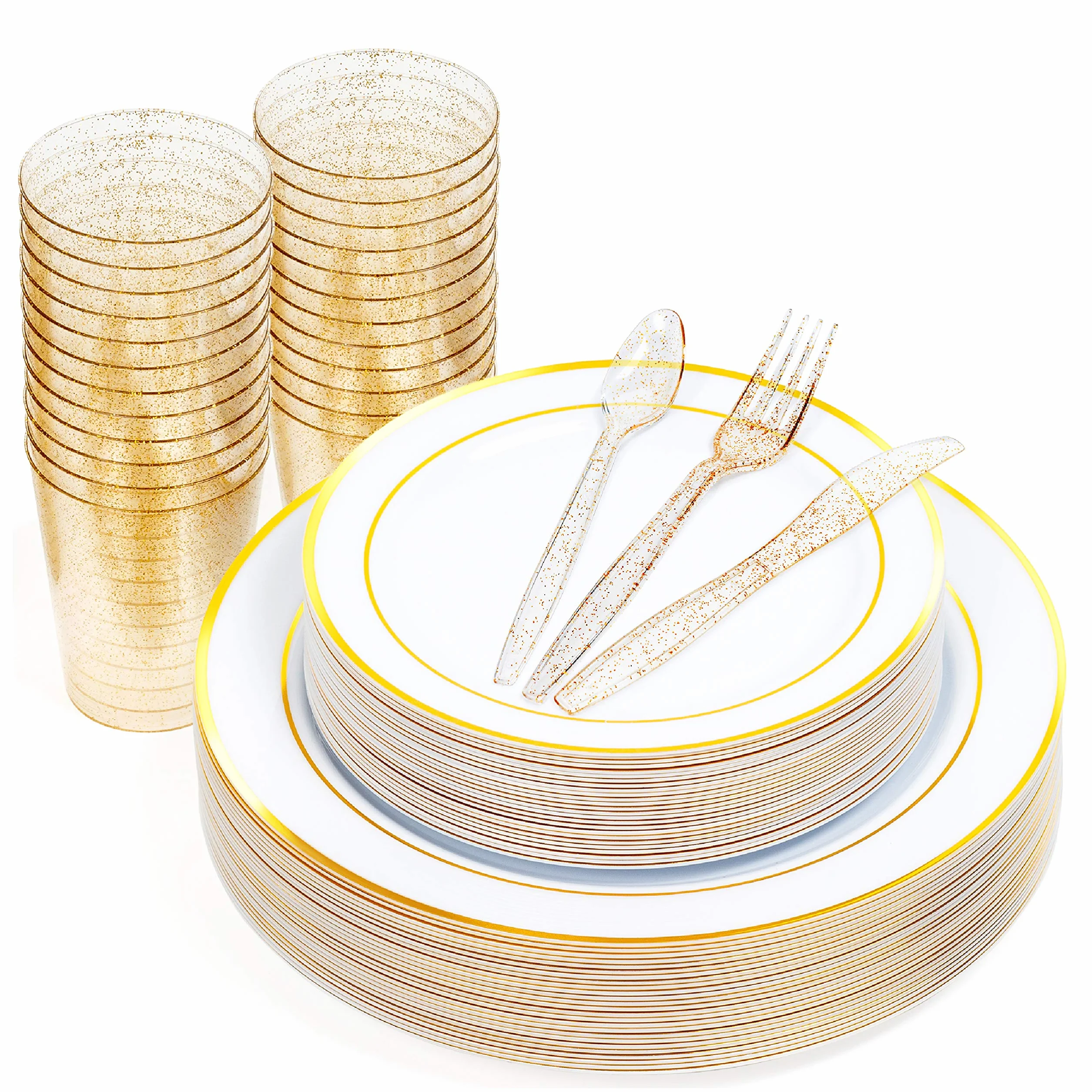 Matana 150 Pezzi Stoviglie in Plastica Bianca e Oro per 25 Persone - Piatti, Bicchieri, Posate con Glitter Oro Riutilizzabili