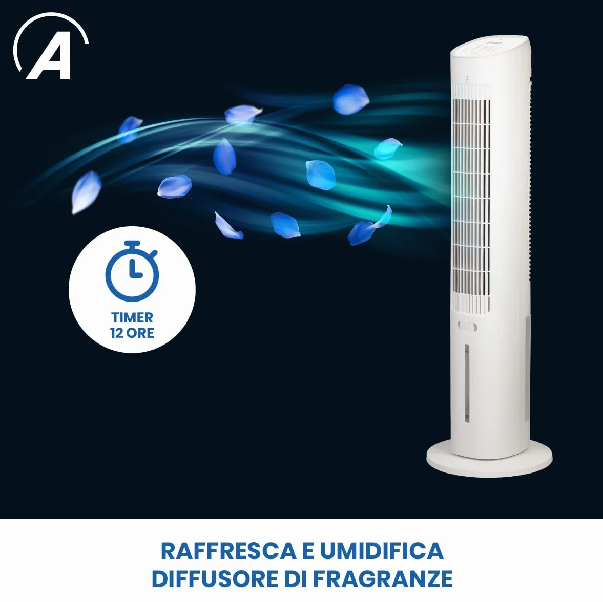 Ardes EOLO TOWER Raffrescatore Evaporativo 60W con Oscillazione Automatica, 3 Velocità, Timer 12 h, mando, Schermo Digitale, Comandi Touch, Serbatoio 3 L e Diffusore di Aroma