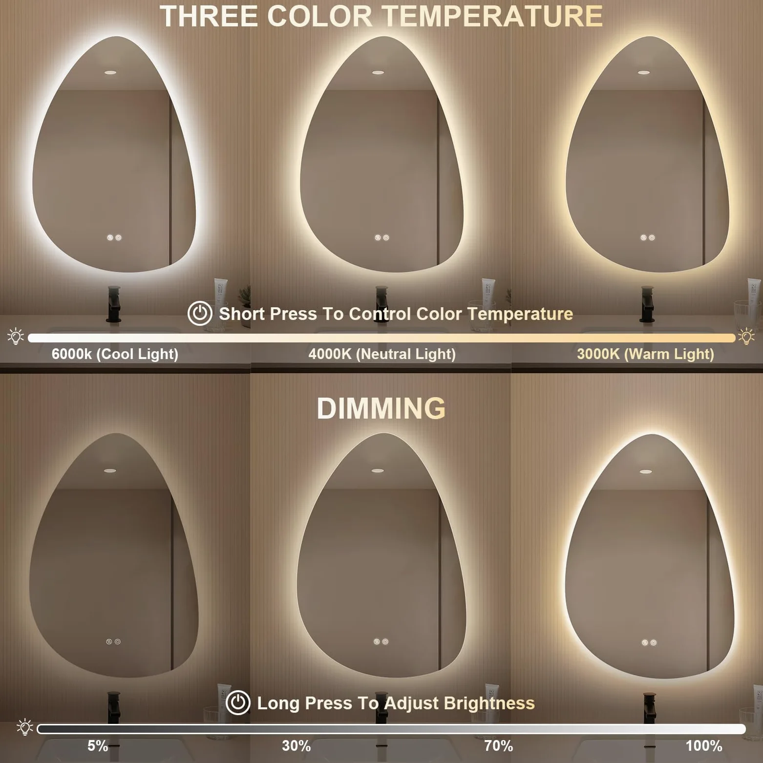 Specchio Bagno con Luce, LED Specchio Ovale da Parete, Smart Mirror, Antifog, Dimmerabile 3 Colori, Vetro Temperato HD, Orizzontale/Verticale (Irregolare, 80 x 55 cm)