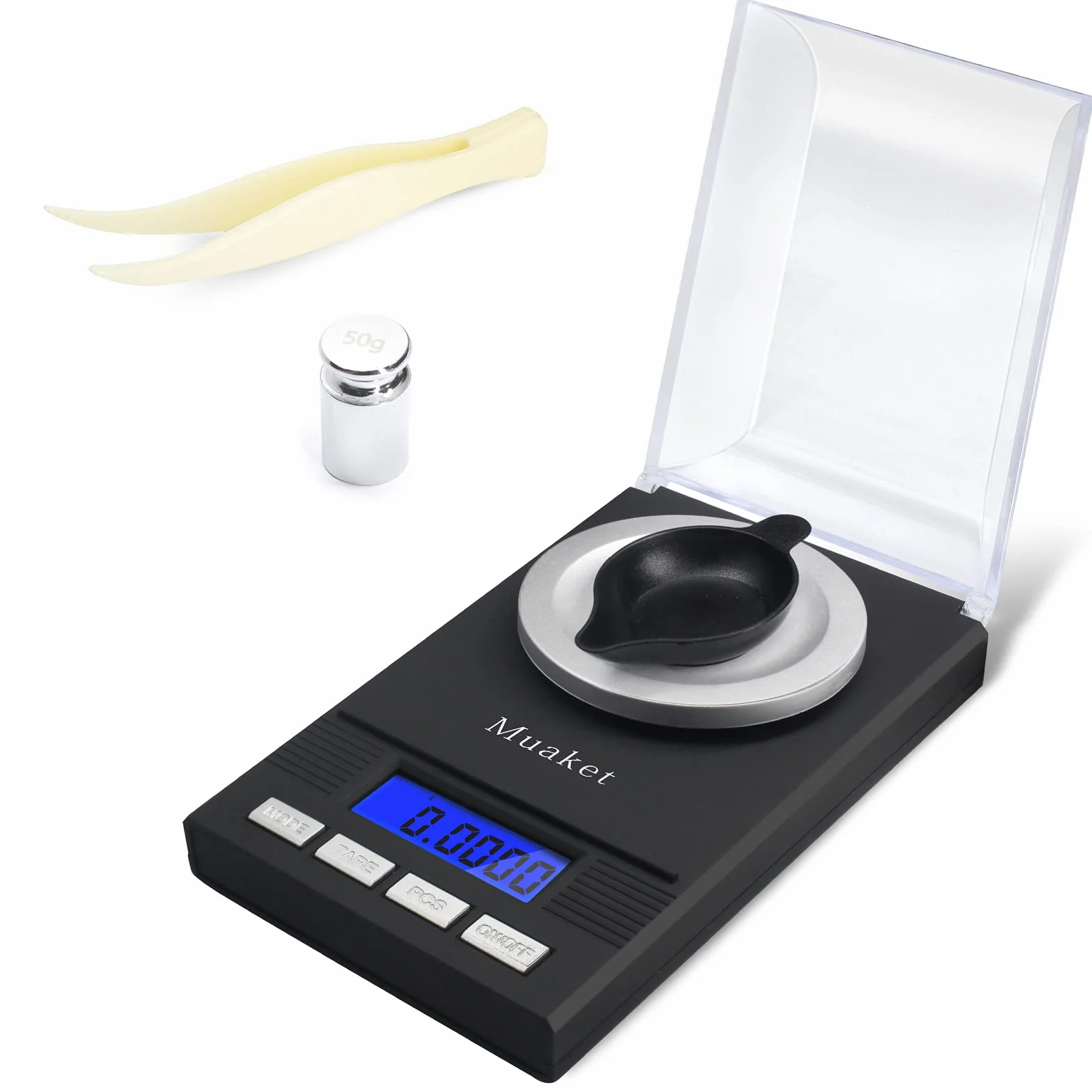 Bilancia Digitale 0,001g/50g, Muaket Precisione Cucina, Milligrammi con Display LCD, Scale con Funzione Tare, Calibrazione Pesi, Piatto di Pesata e 2 x Batterie