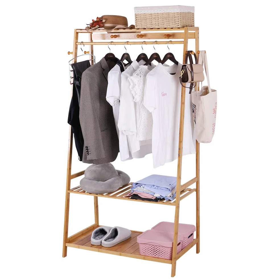 Stand Appendiabiti in legno da Terra Guardaroba Armadio Aperto in Bambù per Camera da Letto con Scarpiera