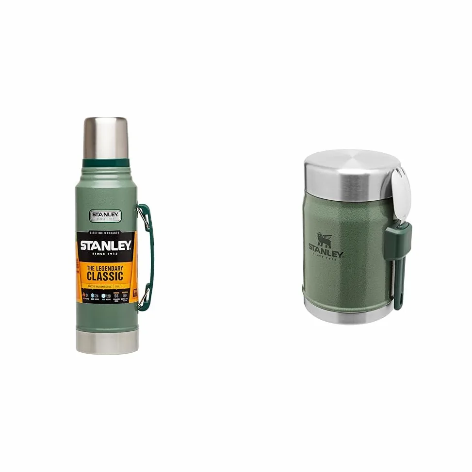 Stanley Classic Legendary Bottle 1L Hammertone Green - Borraccia Termica 1 Litro in Acciaio Inox & Classic Legendary Food Jar 0,4L / 14OZ Hammertone Green – Thermos per Alimenti in Acciaio