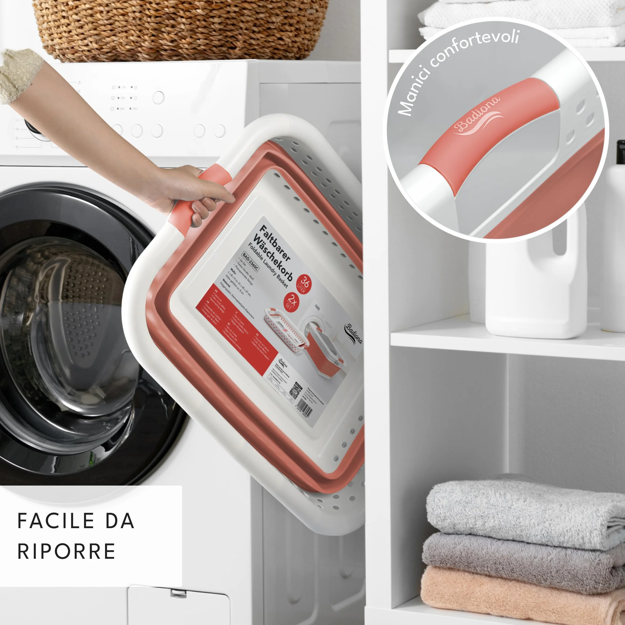 Set di 2 Bacinella pieghevole bucato -2x 36 litri & Uso universale I Cesta portabiancheria pieghevole Catino Cesto portabiancheria da stirare Laundry basket Ceste panni grande Cesti