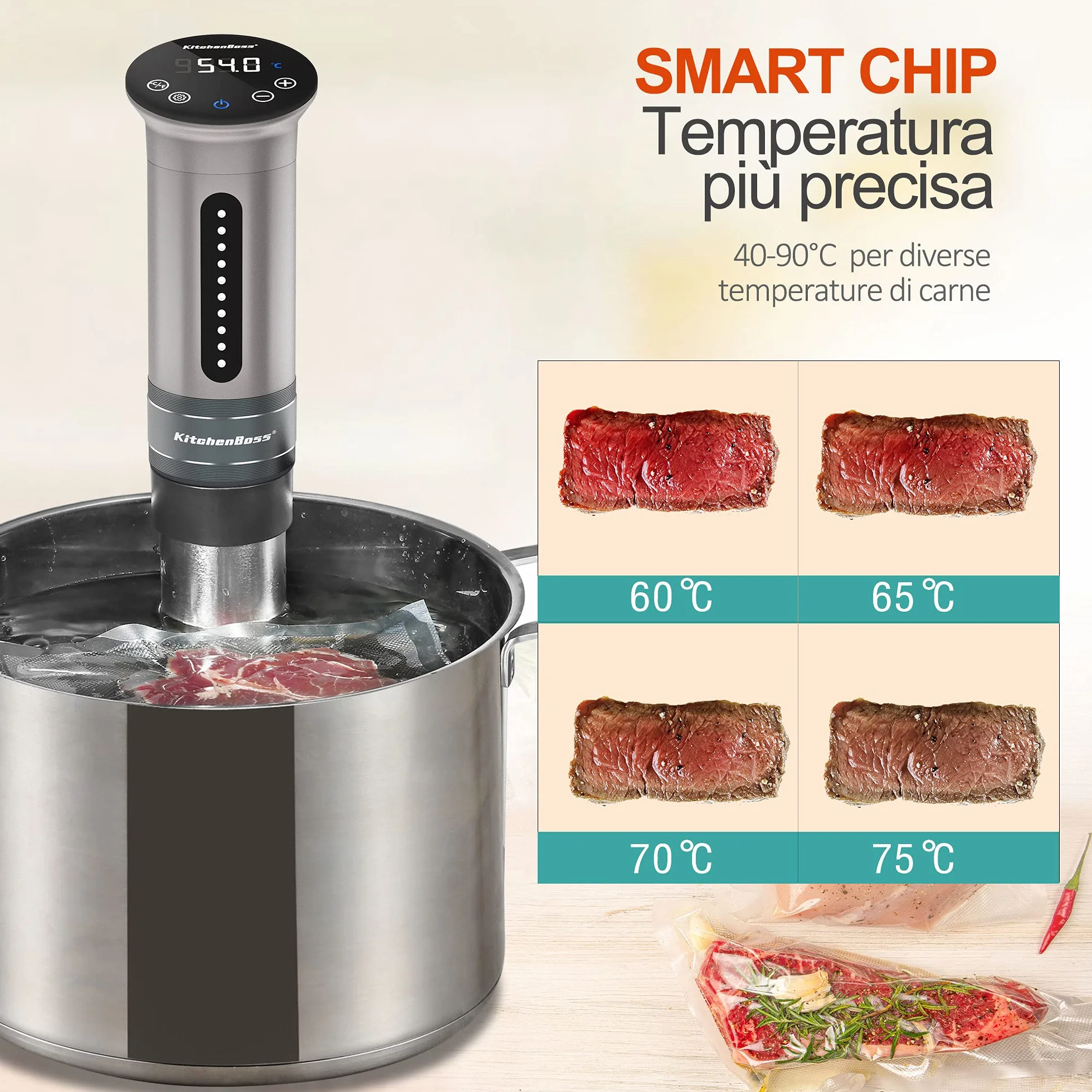 KitchenBoss Sous Vide Roner Cucina a Bassa Temperatura Slow Cooker Circolatore Termico Professionale IPX7 Impermeabile Timer Touch Screen Argento