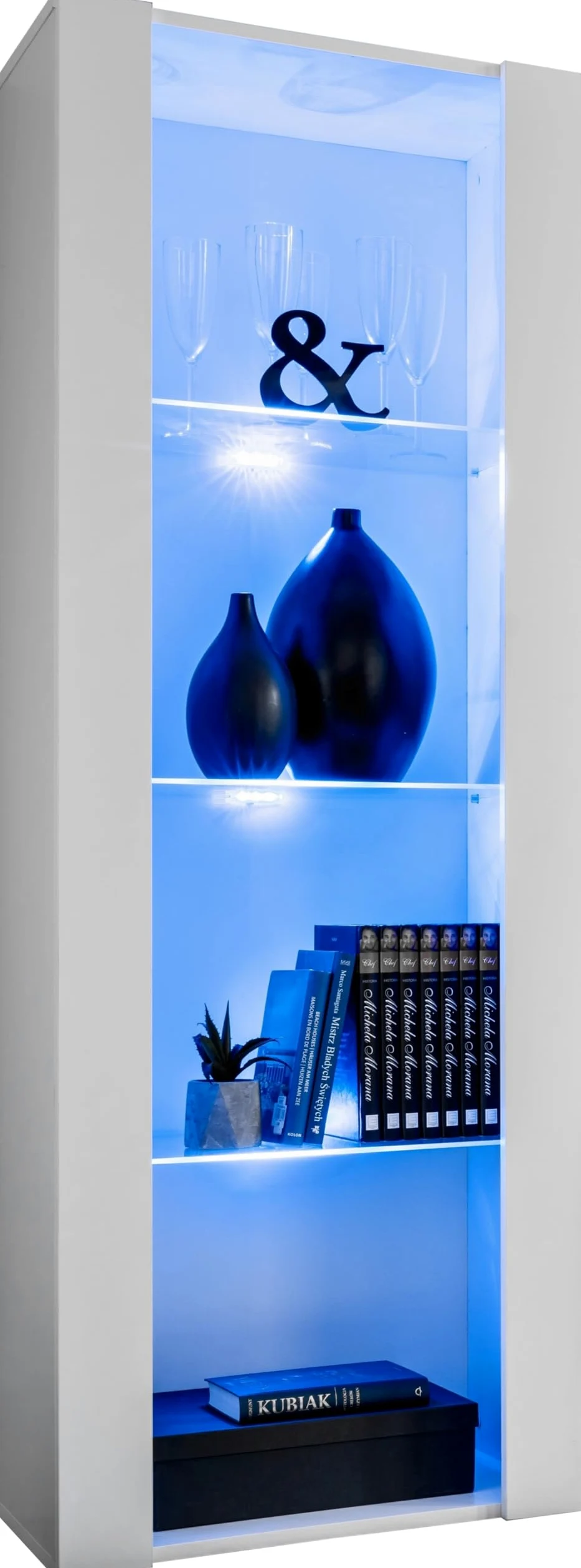 Komodee, Vetrina Tivoli, Bianco, Larghezza 55 cm x Altezza 159 cm x Profondità 35 cm, LED BLU, 3 ripiani, Per soggiorno, Camera da letto, anticamera