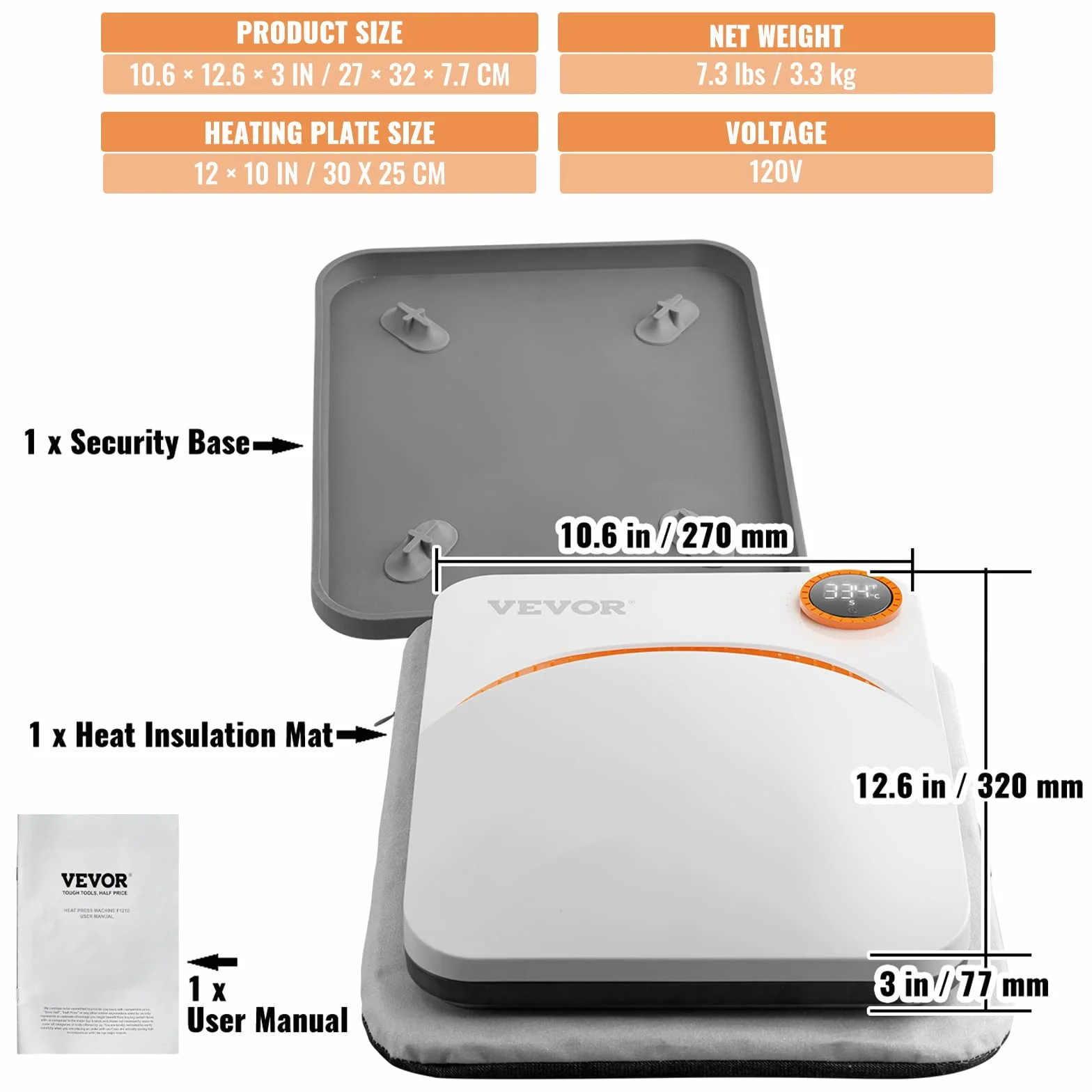 VEVOR Pressa di Calore Portatile 30 x 25 cm 750W per T-shirt Hobbista Fai-da-te, Pressa a Caldo Portatile Piastra Termica 30 x 25 cm Temperatura 40-205 ℃, Termopressa Uso Domestico 3,3 kg Fai-da-te