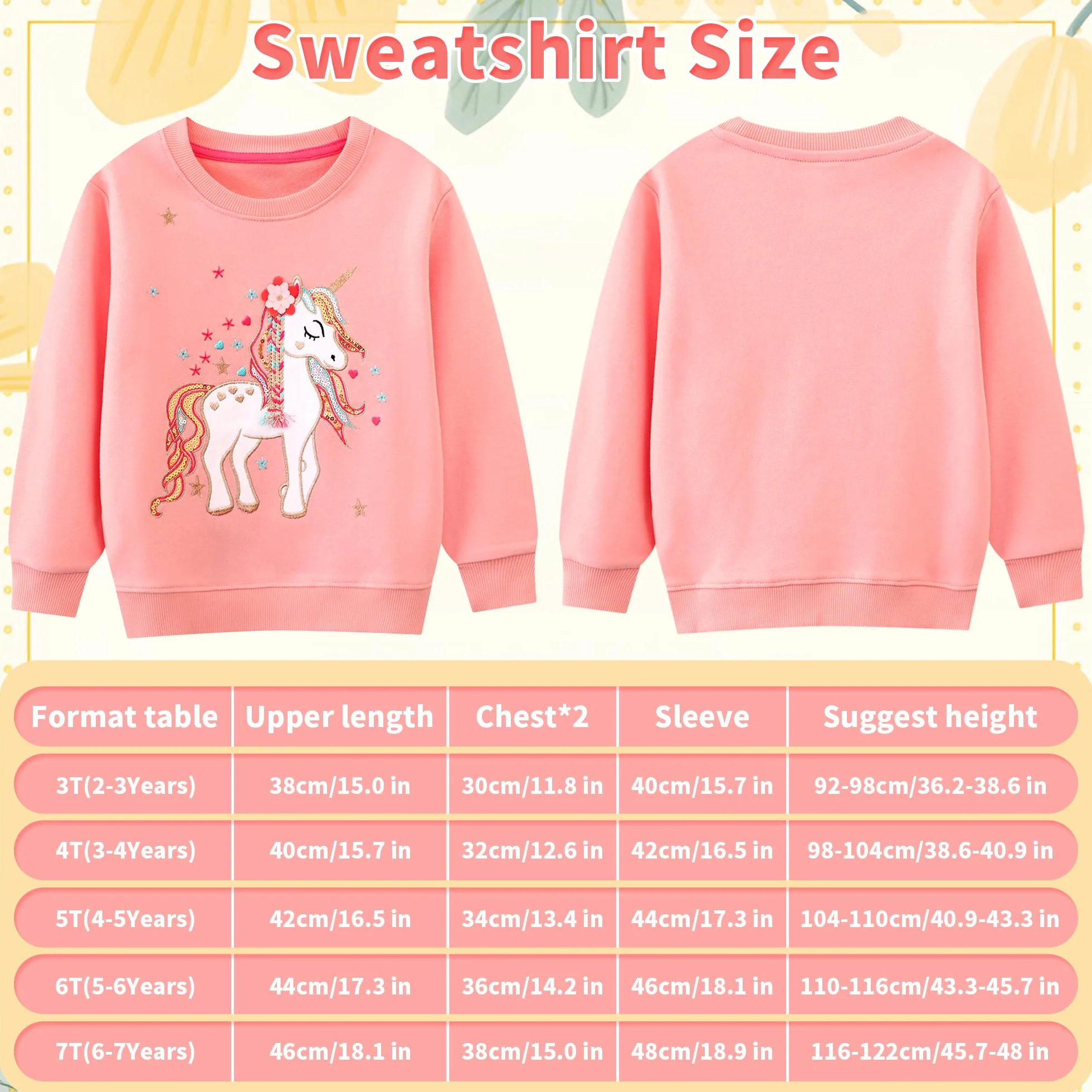 Felpa per Bambina Unicorno Ricamo Cotone Manica Lunga 2-7 Anni Rosa/Gris